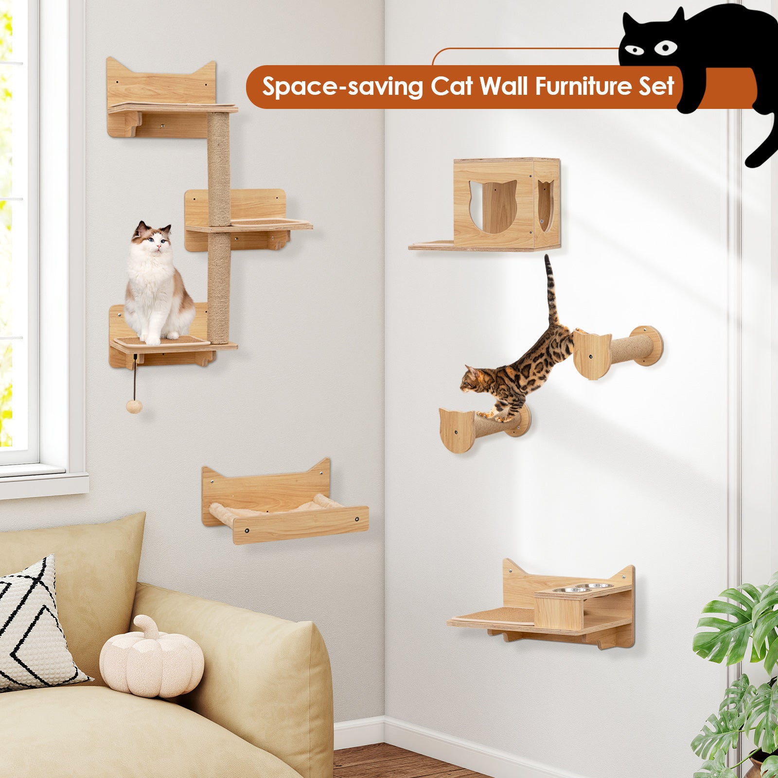 6 Pieces Cat Wall Furniture Set Kitten Wall Mounted Shelves-Natural | Purrfect Pet Kingdom