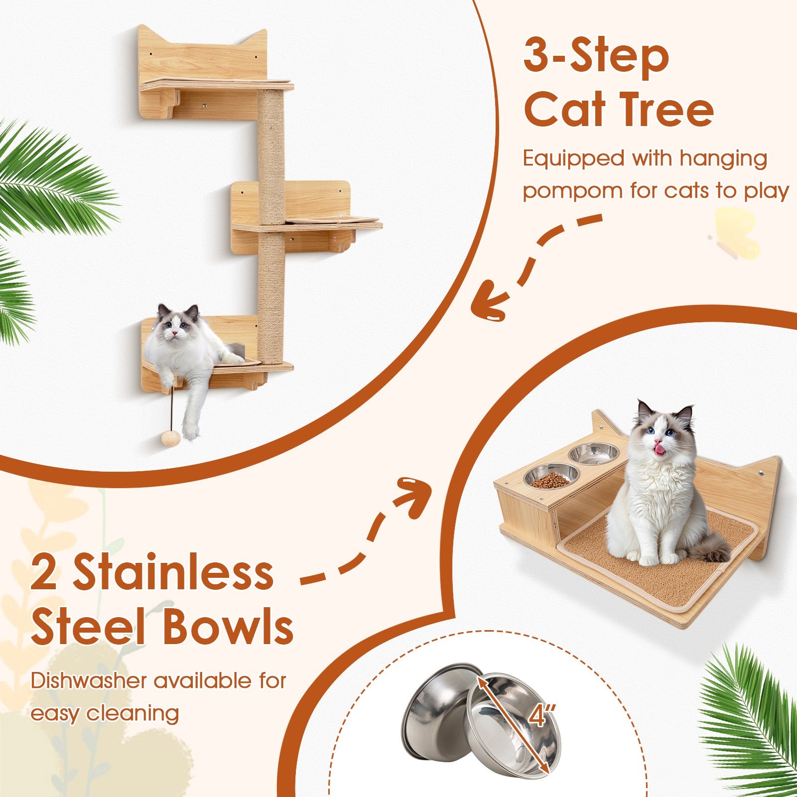 6 Pieces Cat Wall Furniture Set Kitten Wall Mounted Shelves-Natural | Purrfect Pet Kingdom