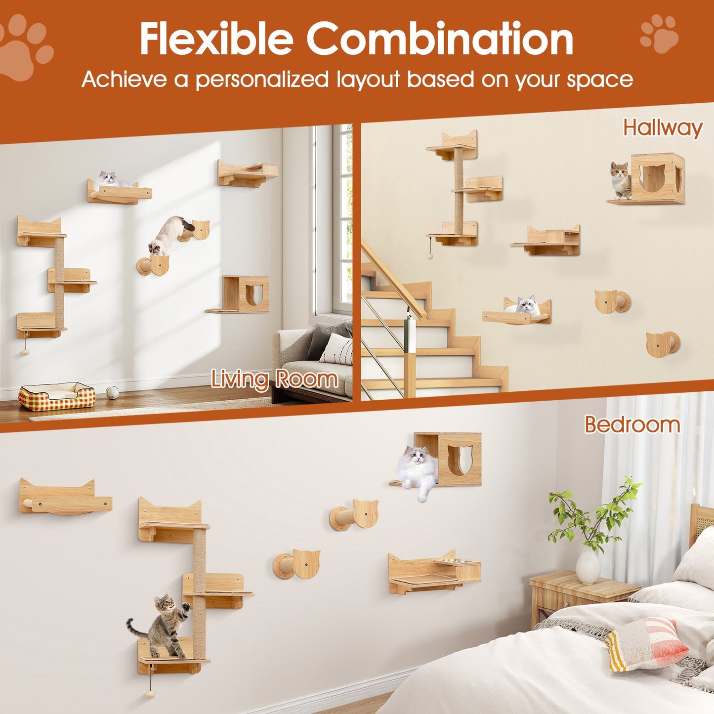 6 Pieces Cat Wall Furniture Set Kitten Wall Mounted Shelves-Natural | Purrfect Pet Kingdom