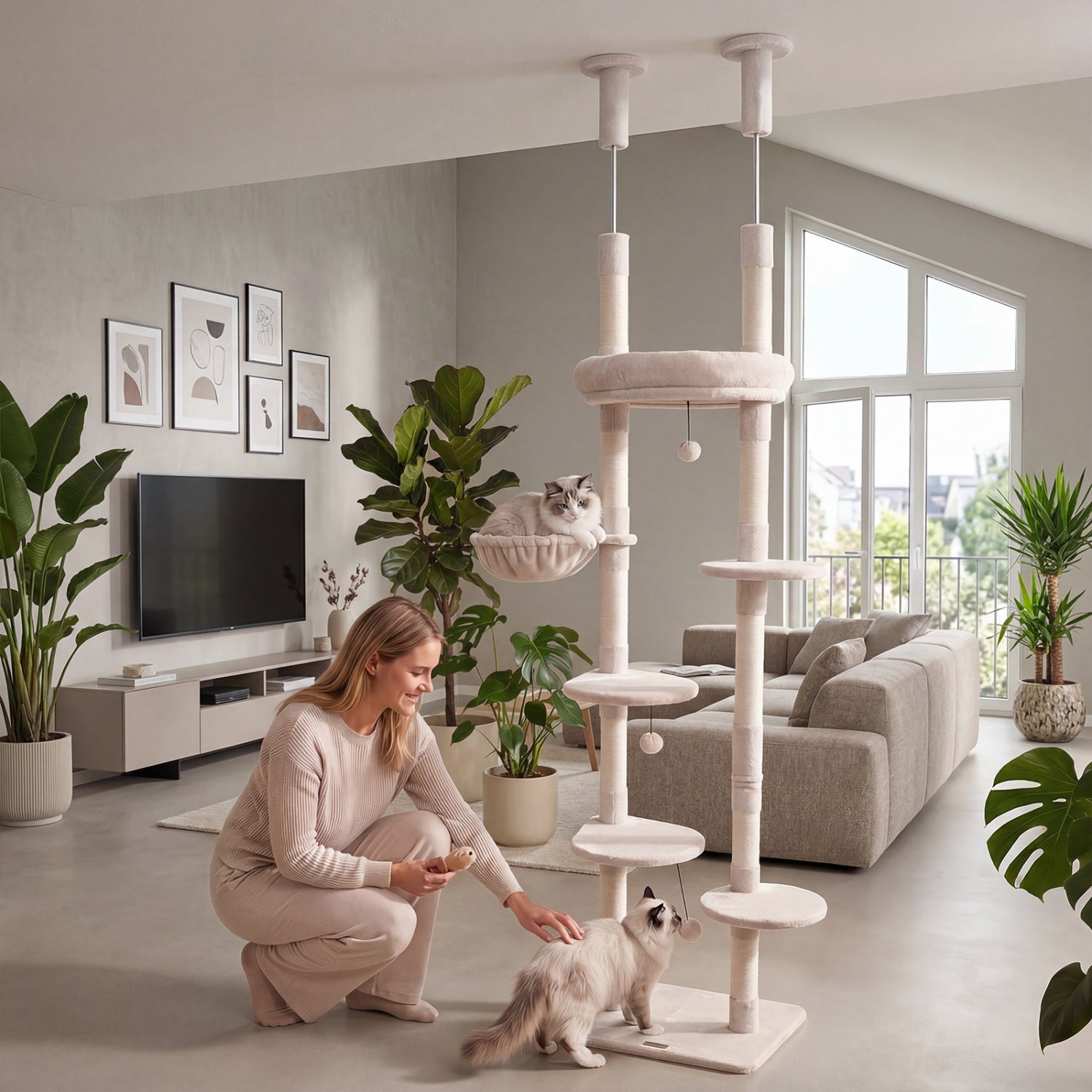 Floor-to-Ceiling Cat Tree with 6 Tiers and Hammock - Majestic Pet Kingdom
