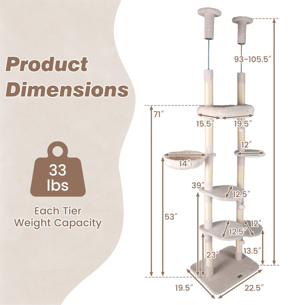 Floor-to-Ceiling Cat Tree with 6 Tiers and Hammock - Majestic Pet Kingdom