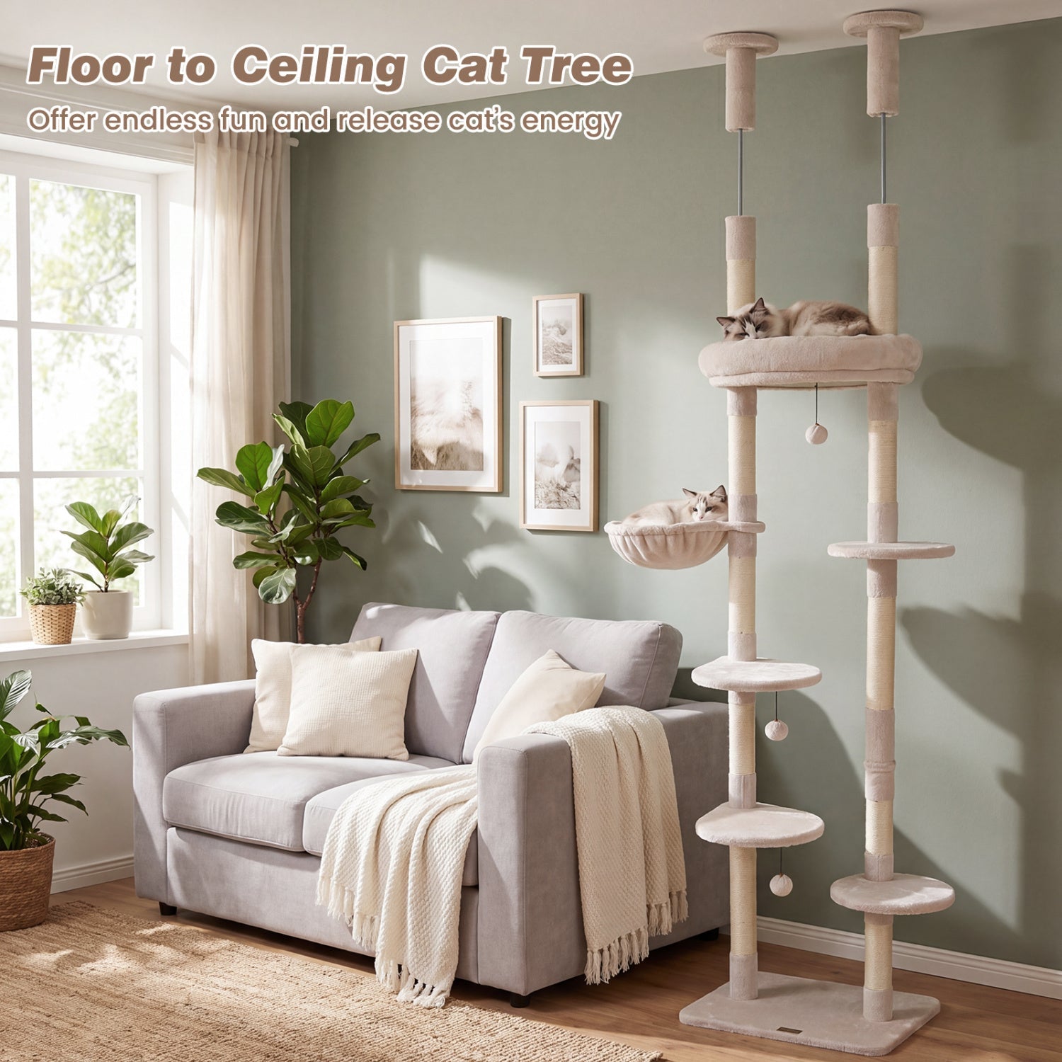 Floor-to-Ceiling Cat Tree with 6 Tiers and Hammock - Majestic Pet Kingdom