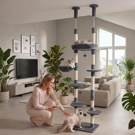 Floor-to-Ceiling Cat Tree with 6 Tiers and Hammock - Majestic Pet Kingdom