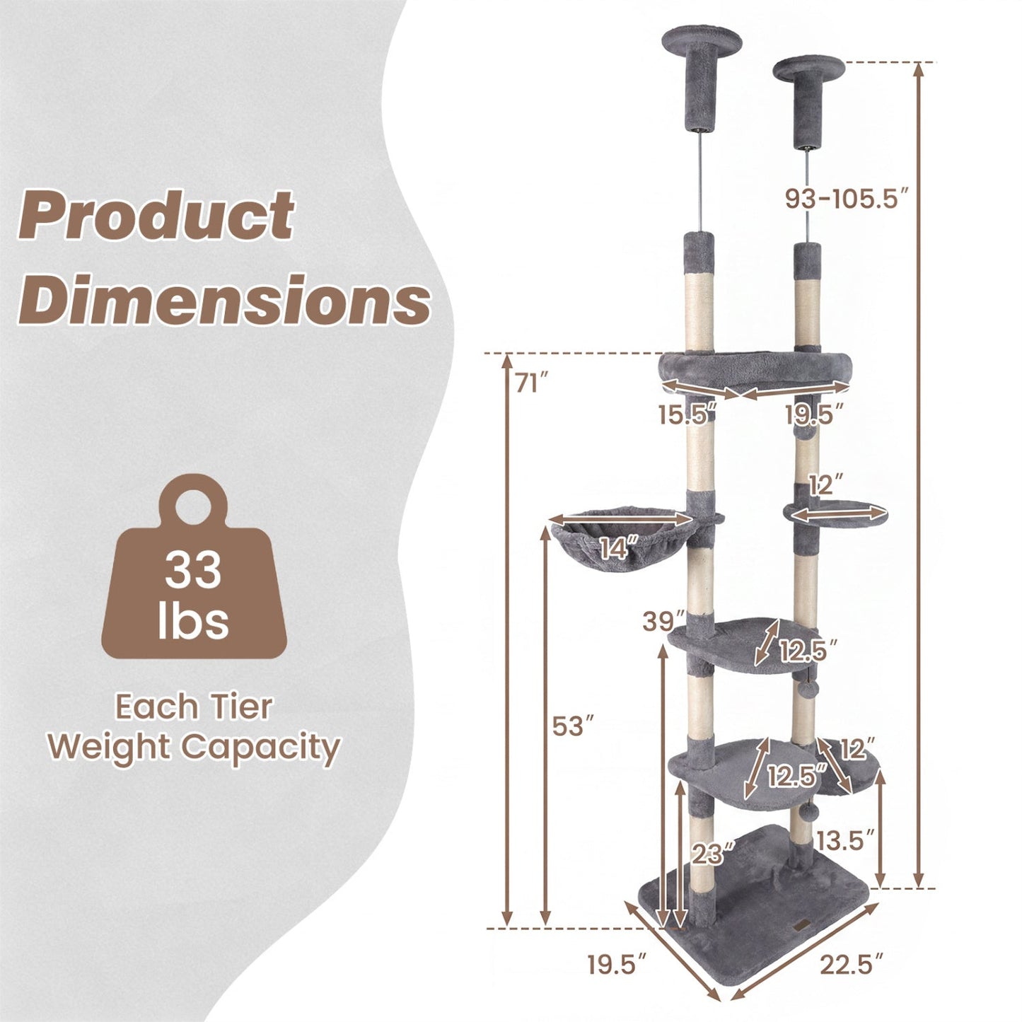 Cat Tree Floor-to-Ceiling Tower 6 Tiers Climbing Hammock - Detail Angle 4 | Majestic Pet Kingdom