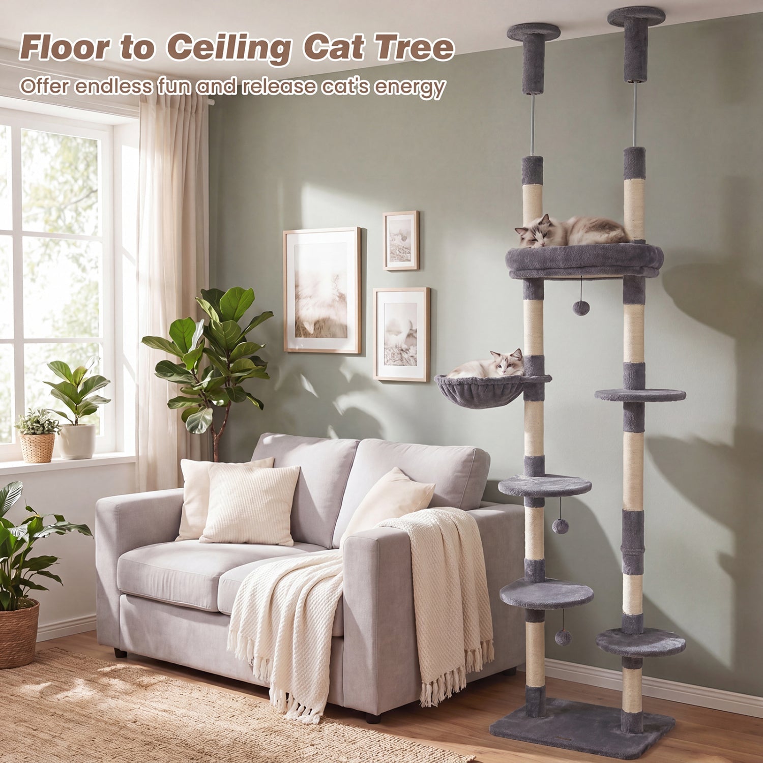 Floor-to-Ceiling Cat Tree with 6 Tiers and Hammock - Majestic Pet Kingdom