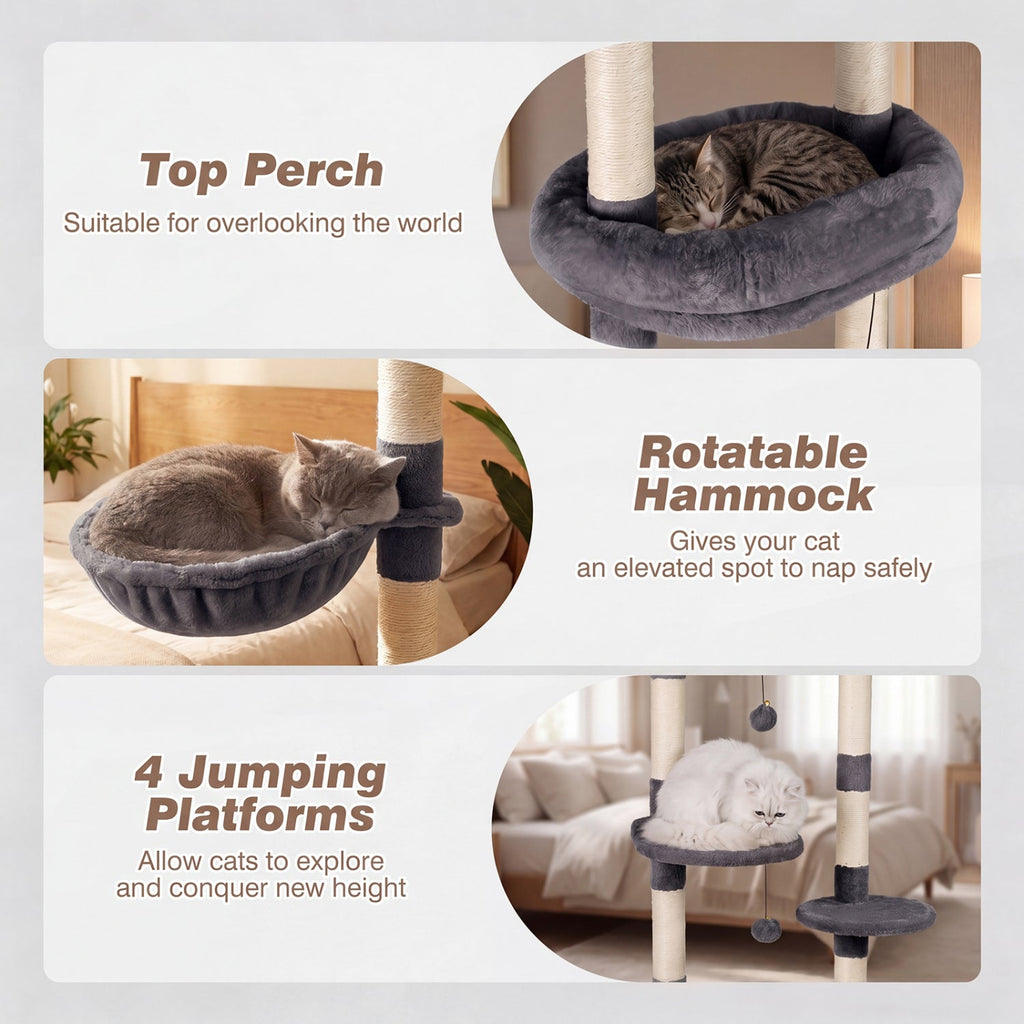 Floor-to-Ceiling Cat Tree with 6 Tiers and Hammock - Majestic Pet Kingdom