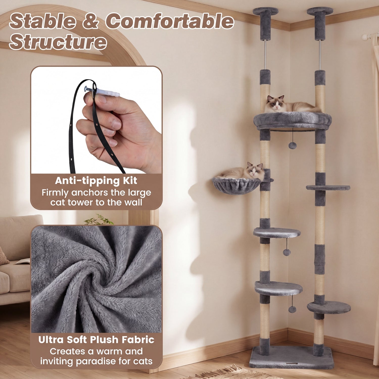 Floor-to-Ceiling Cat Tree with 6 Tiers and Hammock - Majestic Pet Kingdom