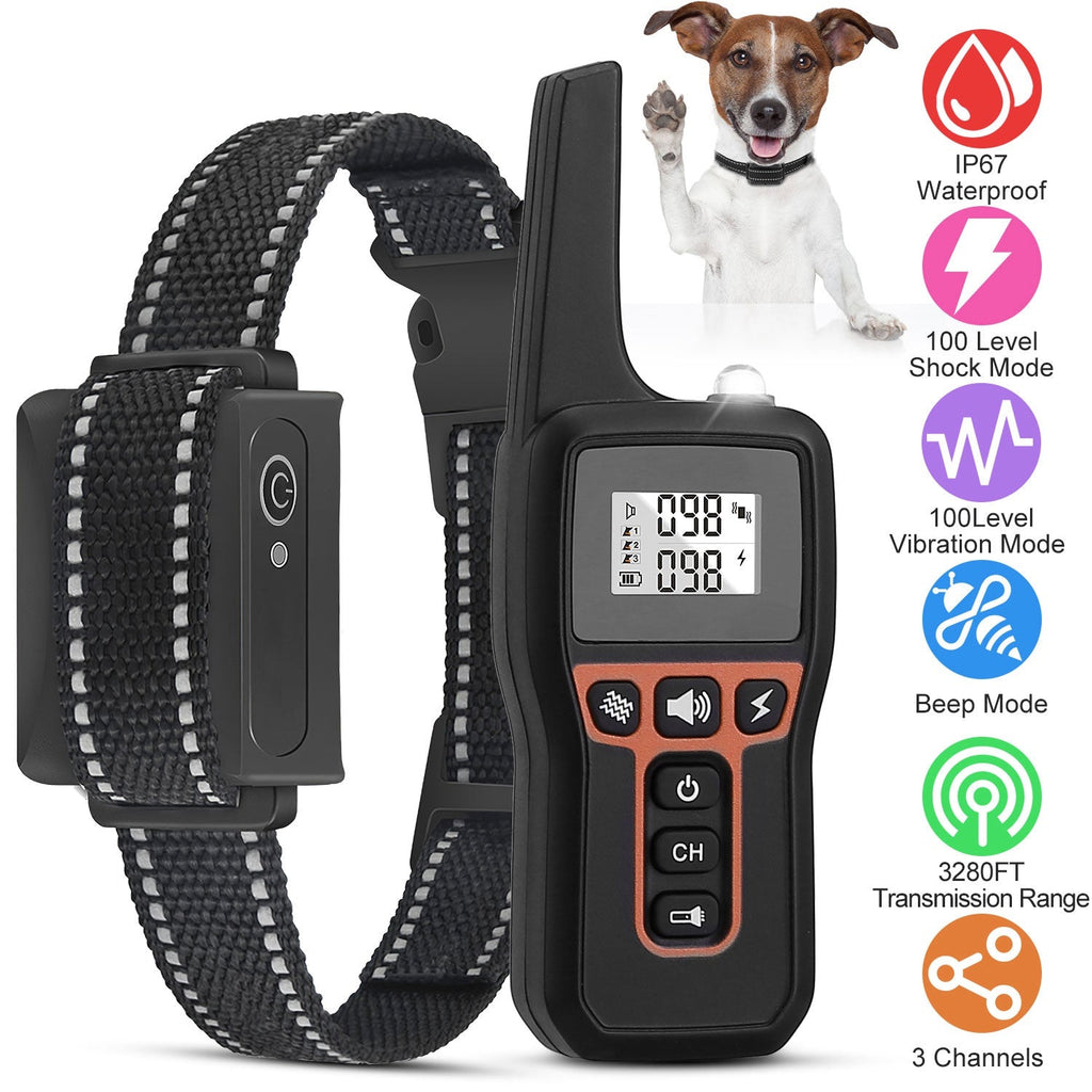 3280FT Dog Training Collar IP67 Waterproof Pet Beep Vibration Electric Shock Collar 3 Channels Rechargeable Transmitter Receiver Trainer with Flashlig - Majestic Pet Kingdom