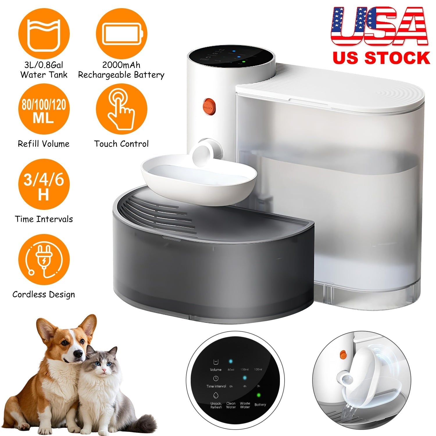 Smart Pet Water Fountain Automatic Cat Water Dispenser 3L/101OZ Cordless Rechargeable Dog Water Fountain Self-Refill with 3 Adjustable Volume 3 Time I - Majestic Pet Kingdom