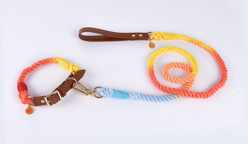 Dog Collar and Leash Set Braided Cotton Rope Genuine Leather