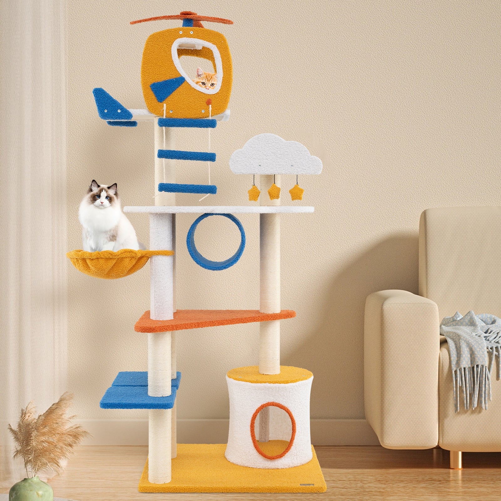 70 Inch Tall Aviation-themed Cat Tree with Helicopter Top Perch and Platforms-Yellow - Majestic Pet Kingdom