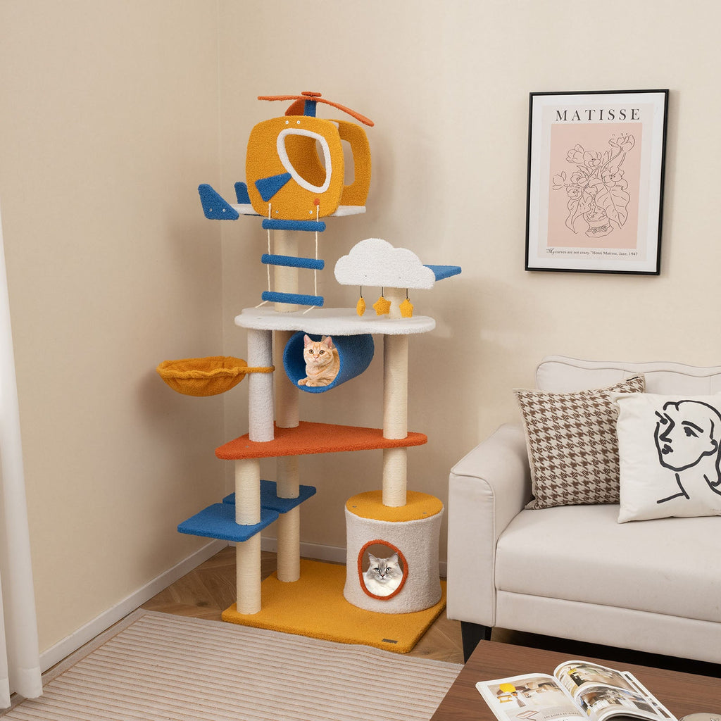 70 Inch Tall Aviation-themed Cat Tree with Helicopter Top Perch and Platforms-Yellow - Majestic Pet Kingdom