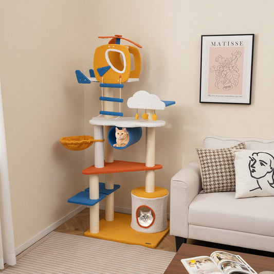 70 Inch Tall Aviation-themed Cat Tree with Helicopter Top Perch and Platforms-Yellow - Majestic Pet Kingdom