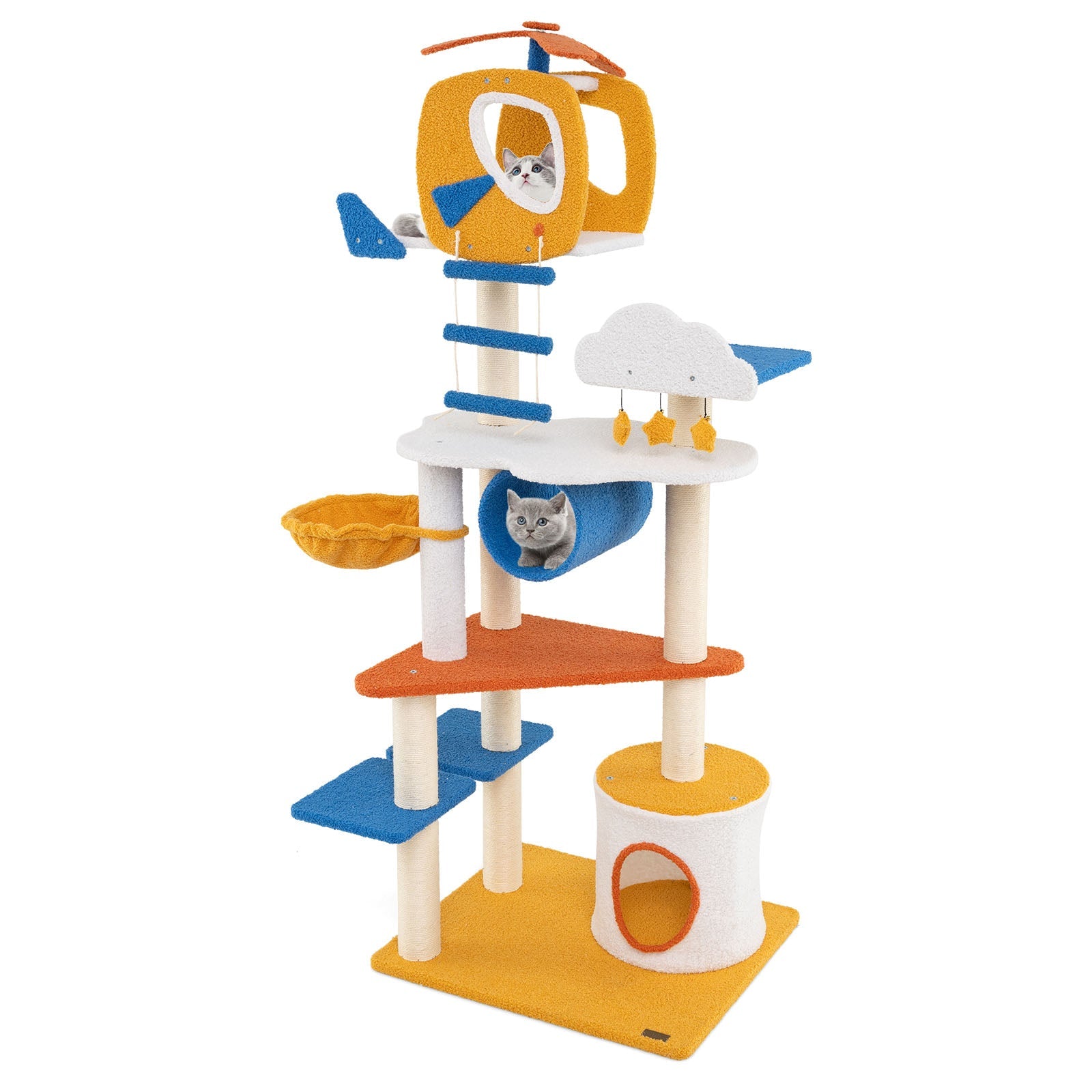 70 Inch Tall Aviation-themed Cat Tree with Helicopter Top Perch and Platforms-Yellow - Majestic Pet Kingdom