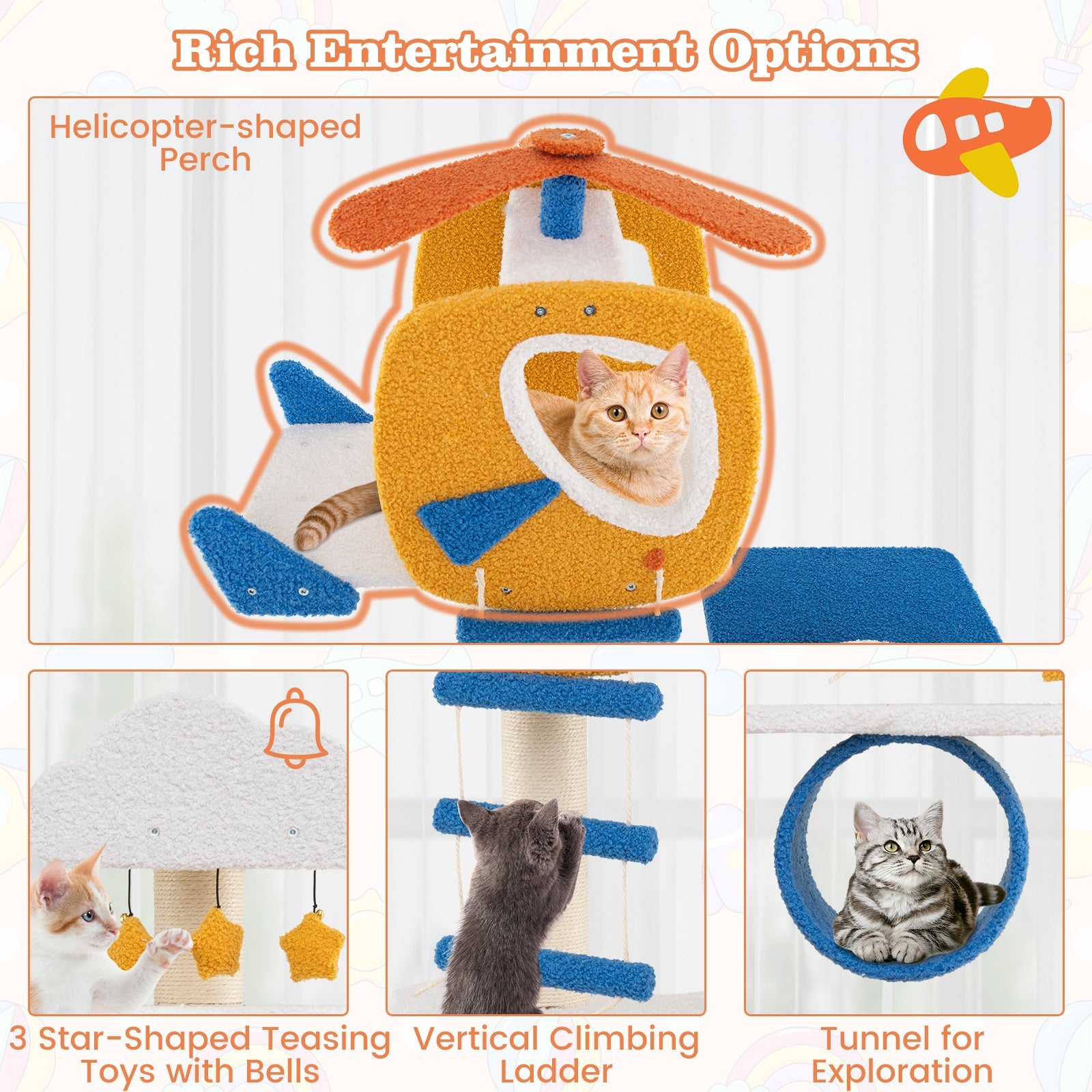 70 Inch Tall Aviation-themed Cat Tree with Helicopter Top Perch and Platforms-Yellow - Majestic Pet Kingdom