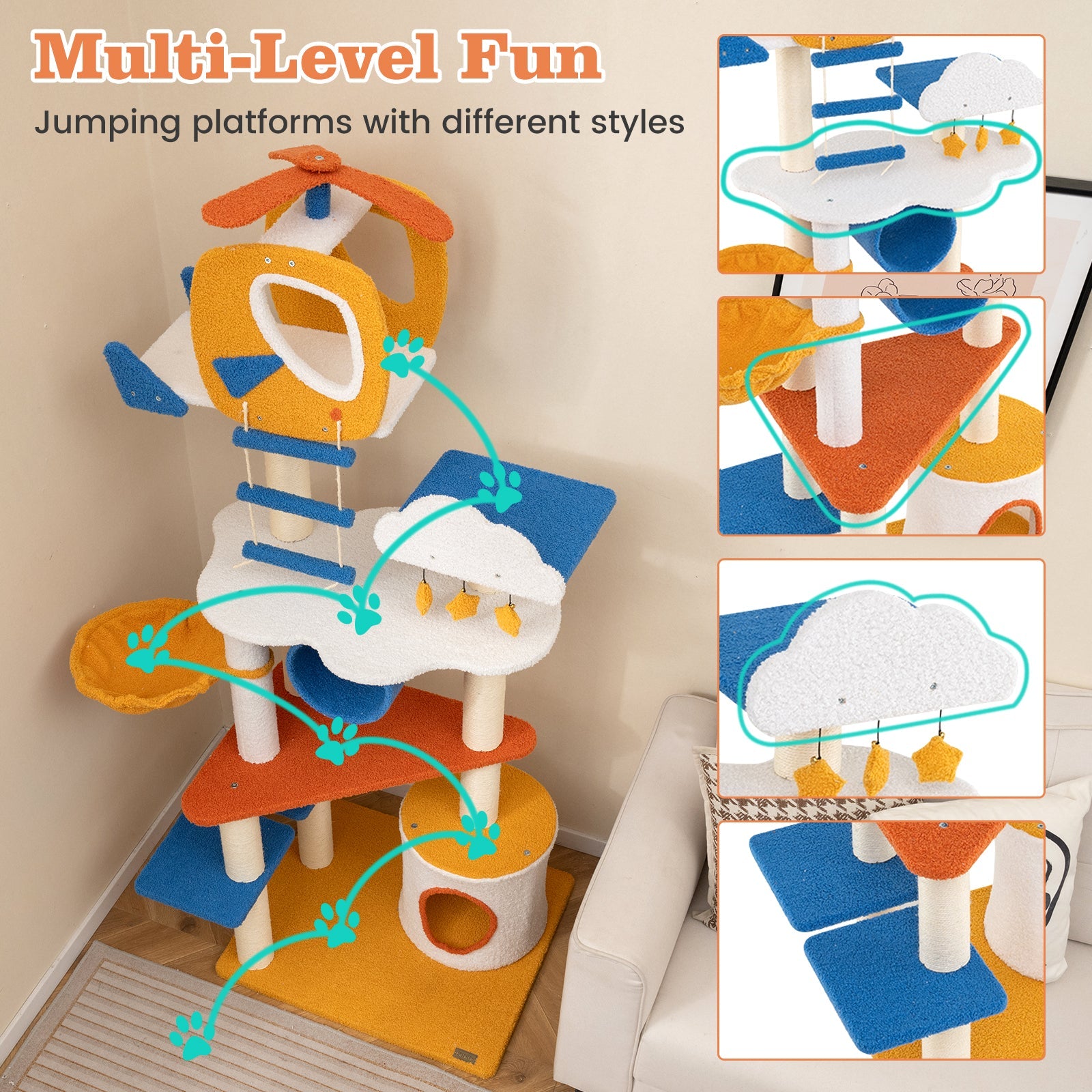 70 Inch Tall Aviation-themed Cat Tree with Helicopter Top Perch and Platforms-Yellow - Majestic Pet Kingdom