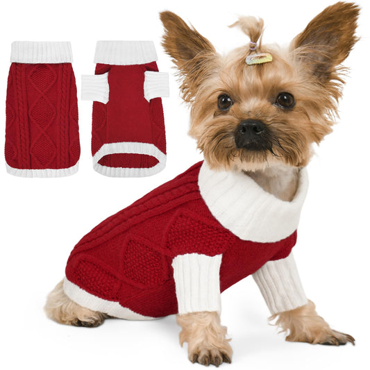 Lorehelina Dog Sweater Argyle Cable Knit Turtleneck Red Size S - Main Feature View | Majestic Pet Kingdom