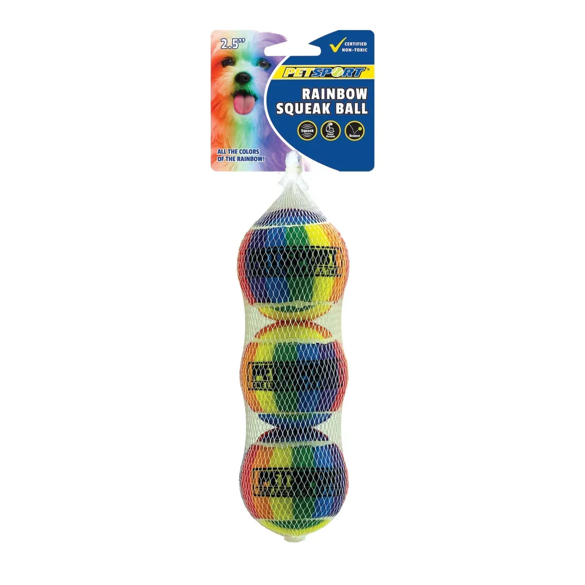 Dog Tennis Balls Petsport Tuff Balls Rainbow Squeak 2.5in 3p