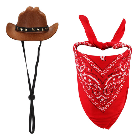 PEUTIER Pet Cowboy Costume Dog Hat & Bandana Brown Red Small - Main Feature View | Majestic Pet Kingdom