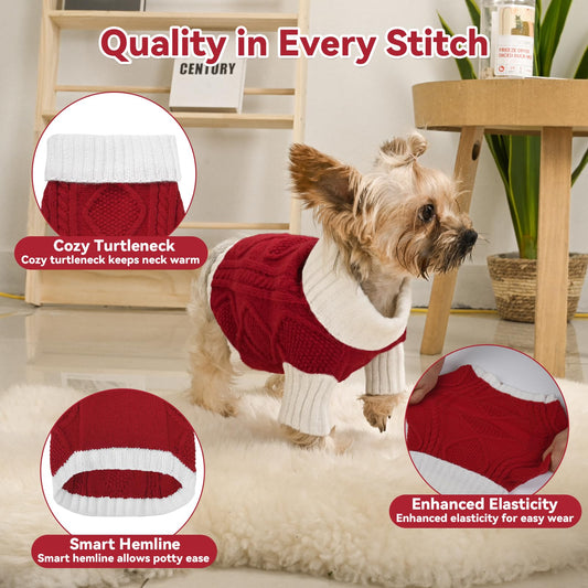Lorehelina Dog Sweater Argyle Cable Knit Turtleneck Red Size S - Detail Angle 2 | Majestic Pet Kingdom