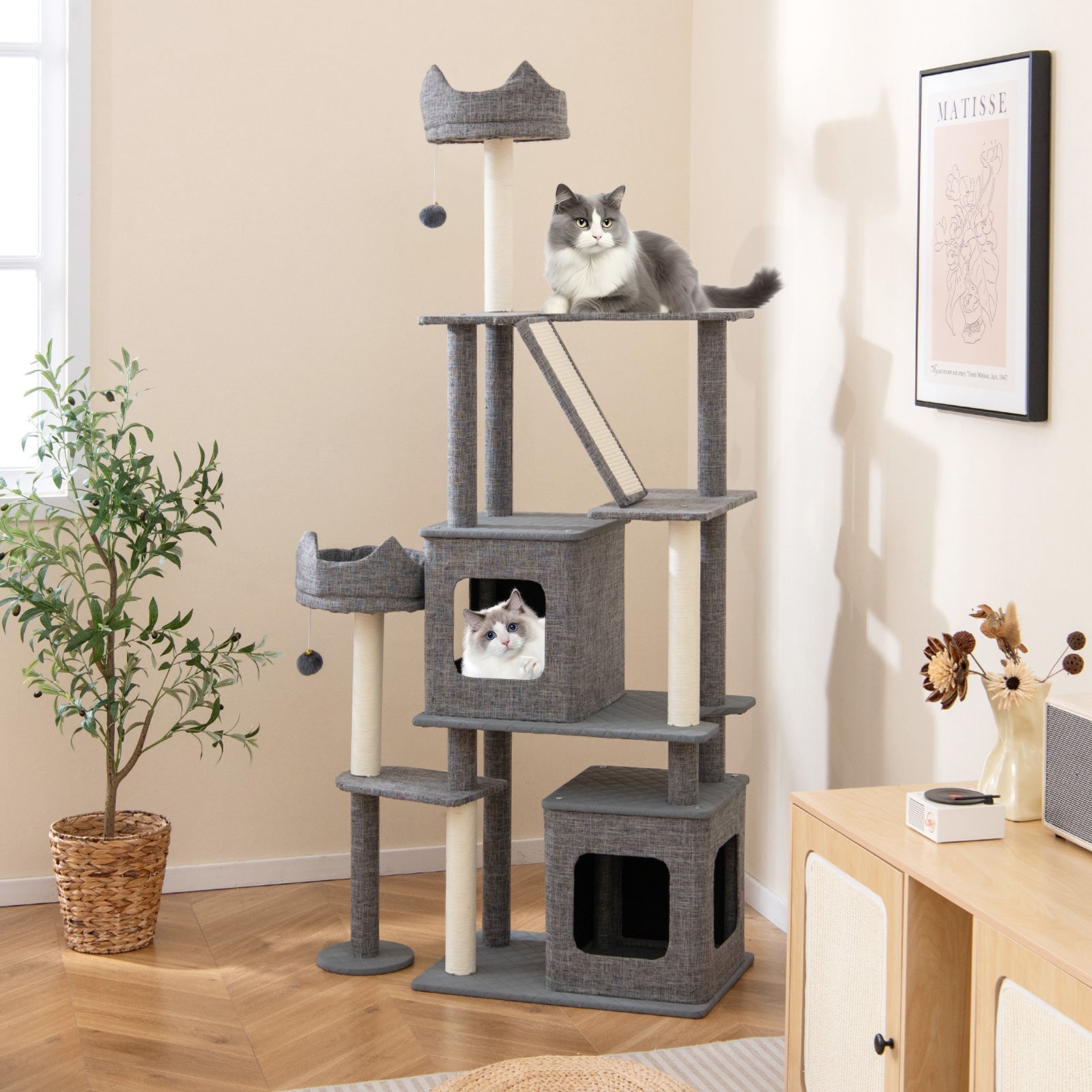 71 Inch Tall Cat Tree Multi-Level Large Cat Tower with Scratching Posts-Grey - Majestic Pet Kingdom