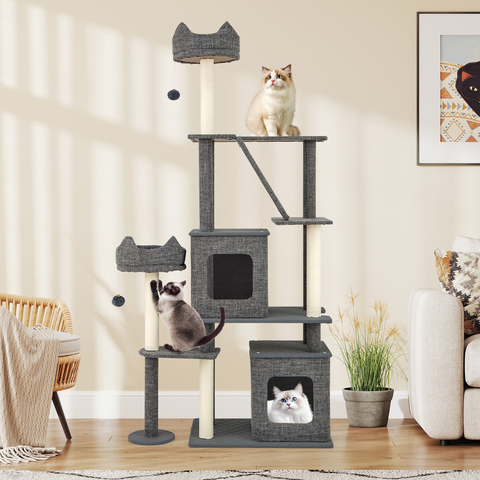 71 Inch Tall Cat Tree Multi-Level Large Cat Tower with Scratching Posts-Grey - Majestic Pet Kingdom