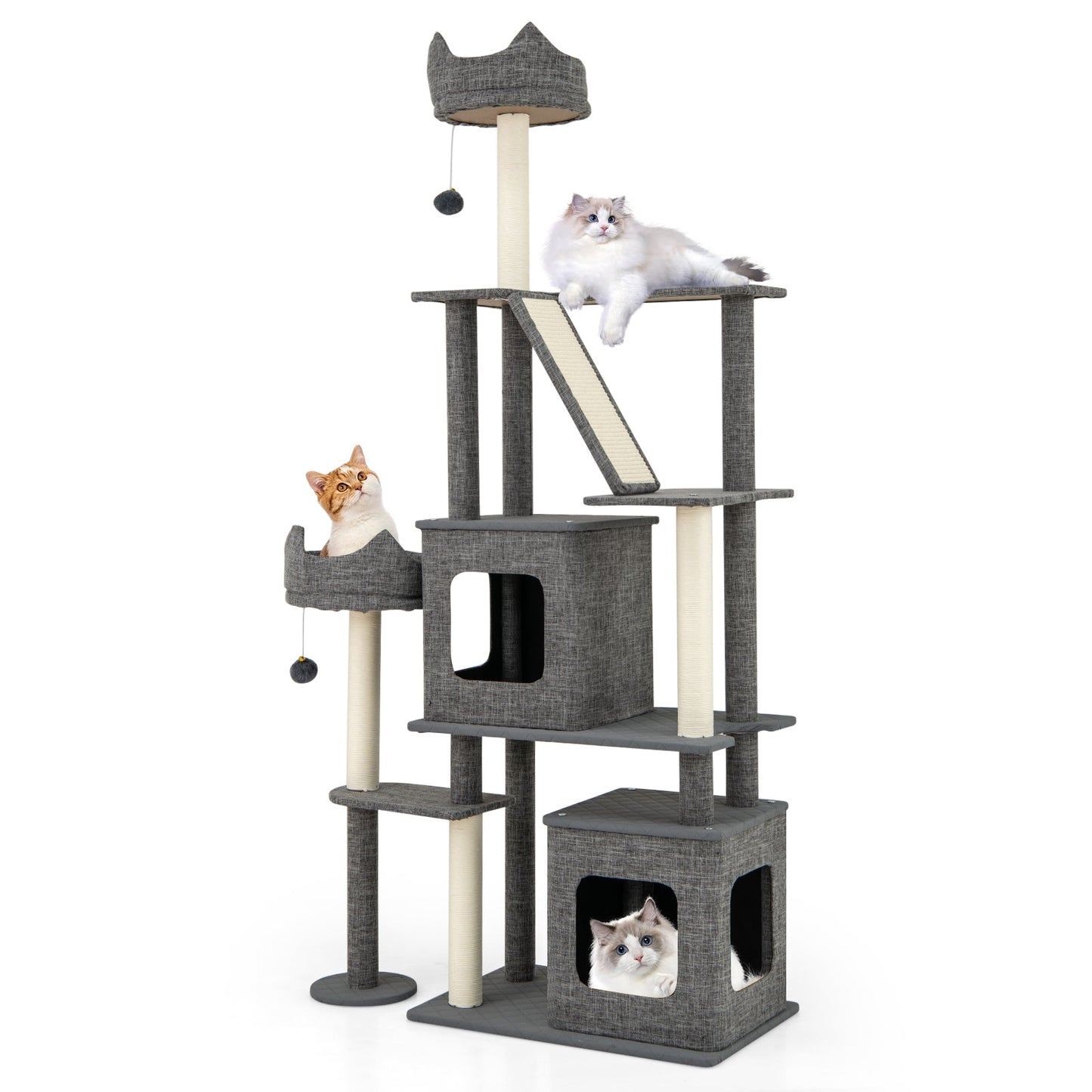 Cat Tree 71-Inch Multi-Level Large Tower Sisal Posts Grey - Detail Angle 4 | Majestic Pet Kingdom