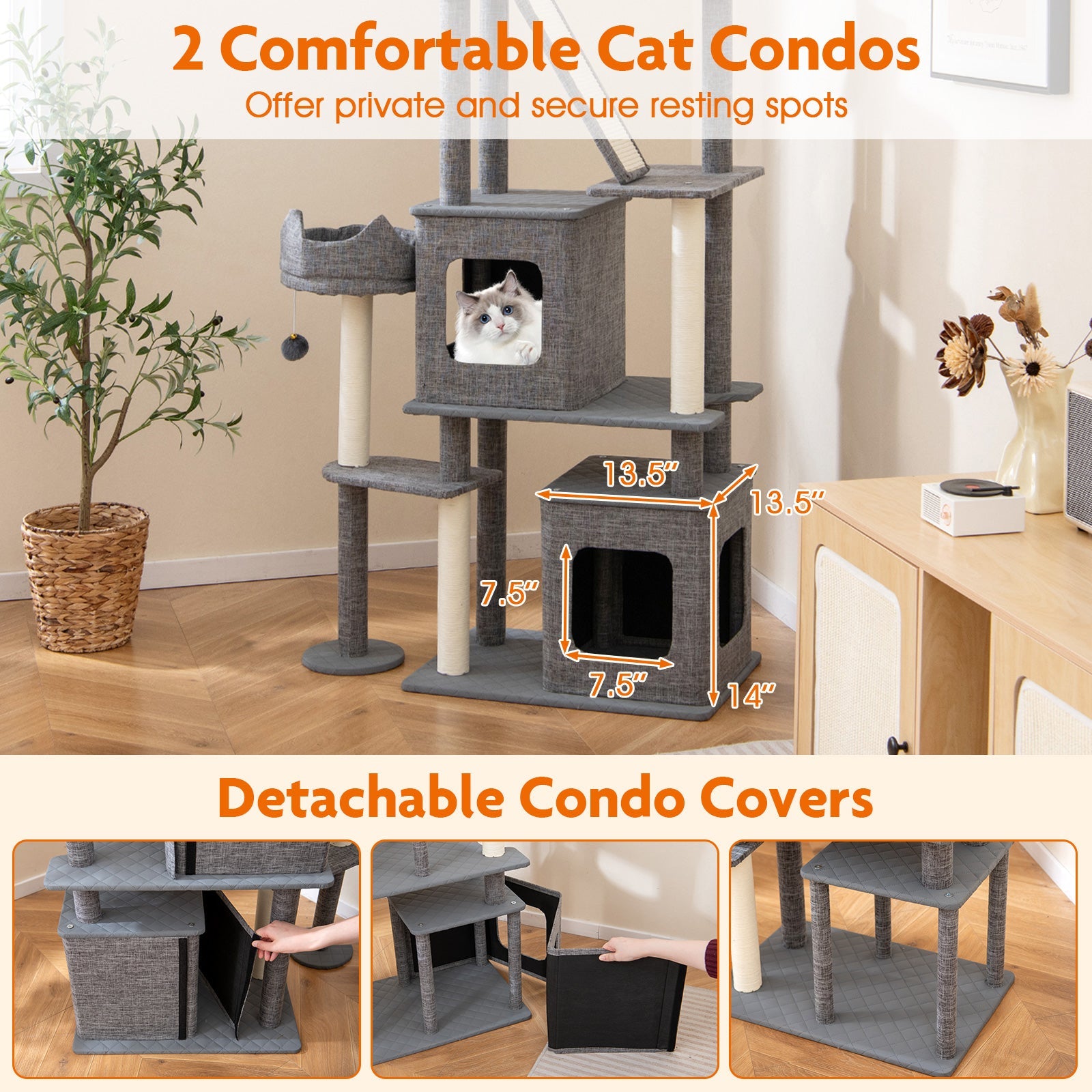 71 Inch Tall Cat Tree Multi-Level Large Cat Tower with Scratching Posts-Grey - Majestic Pet Kingdom