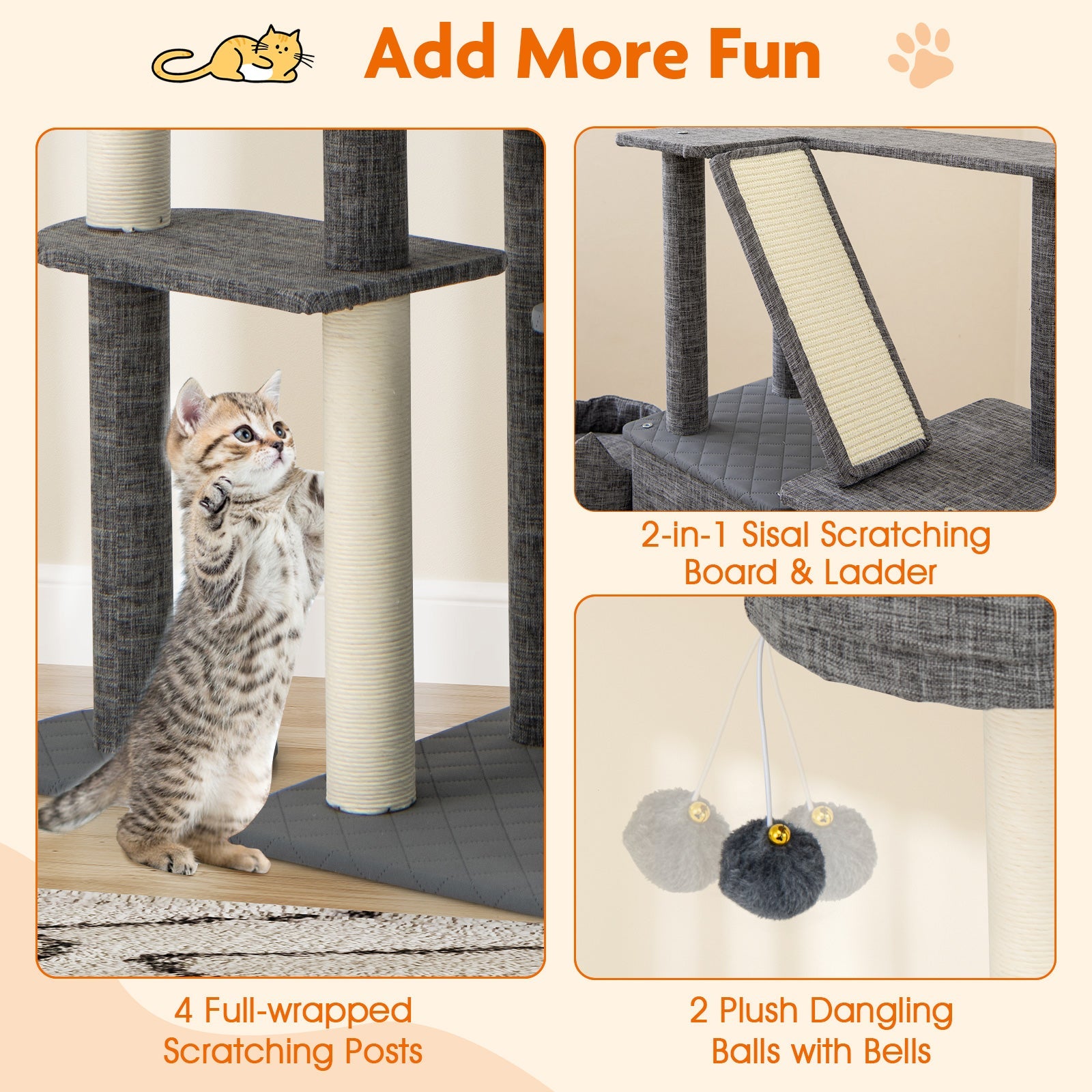 71 Inch Tall Cat Tree Multi-Level Large Cat Tower with Scratching Posts-Grey - Majestic Pet Kingdom