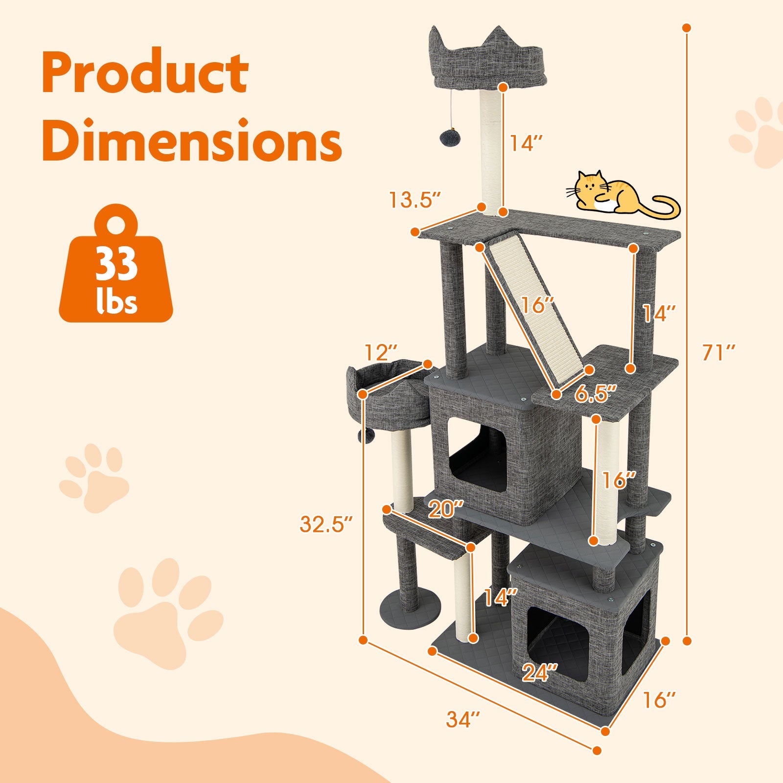 71 Inch Tall Cat Tree Multi-Level Large Cat Tower with Scratching Posts-Grey - Majestic Pet Kingdom