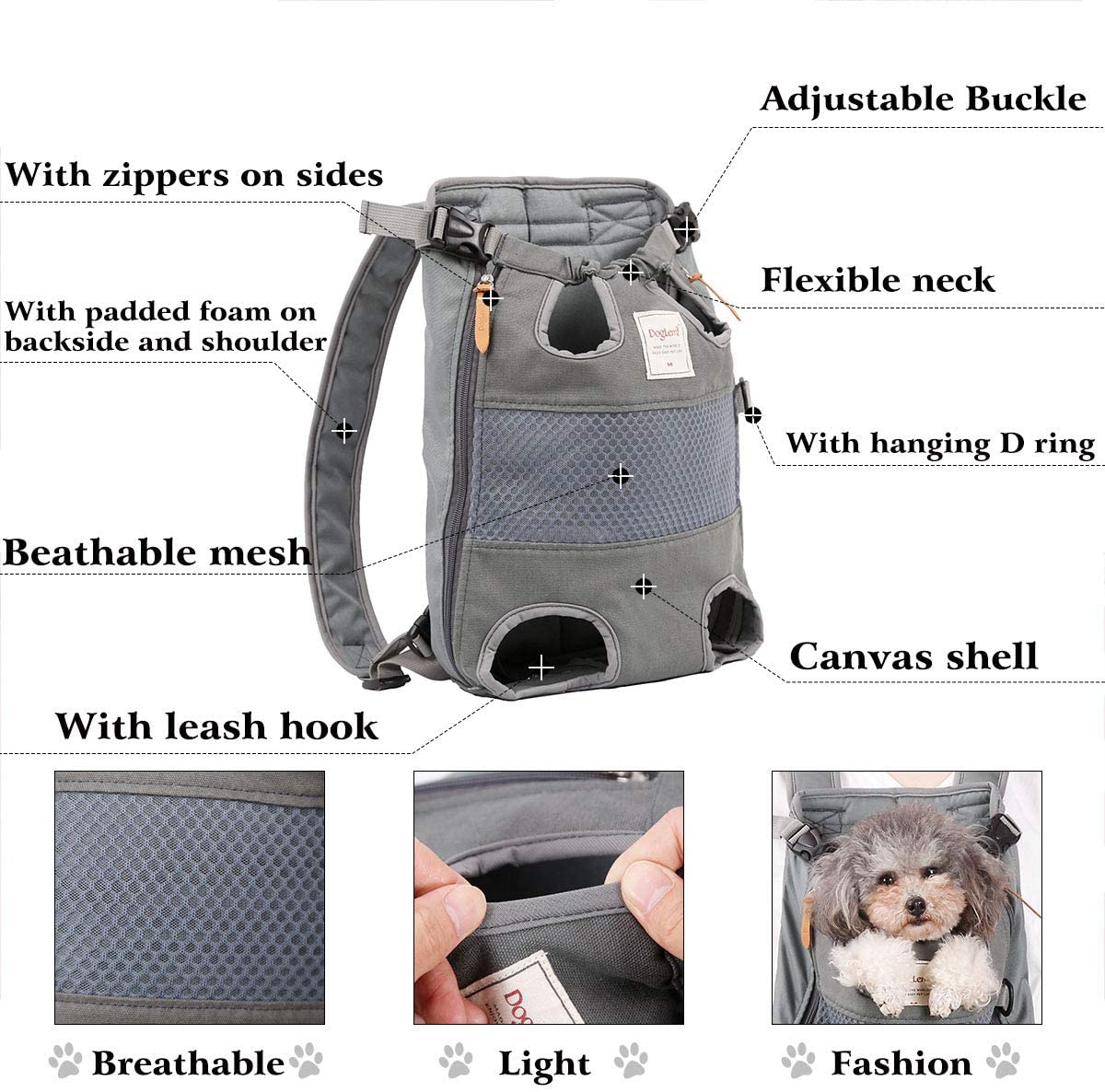 Dog Carrier Backpack Front Chest Legs-Out Breathable Travel Bag - Detail Angle 6 | Majestic Pet Kingdom