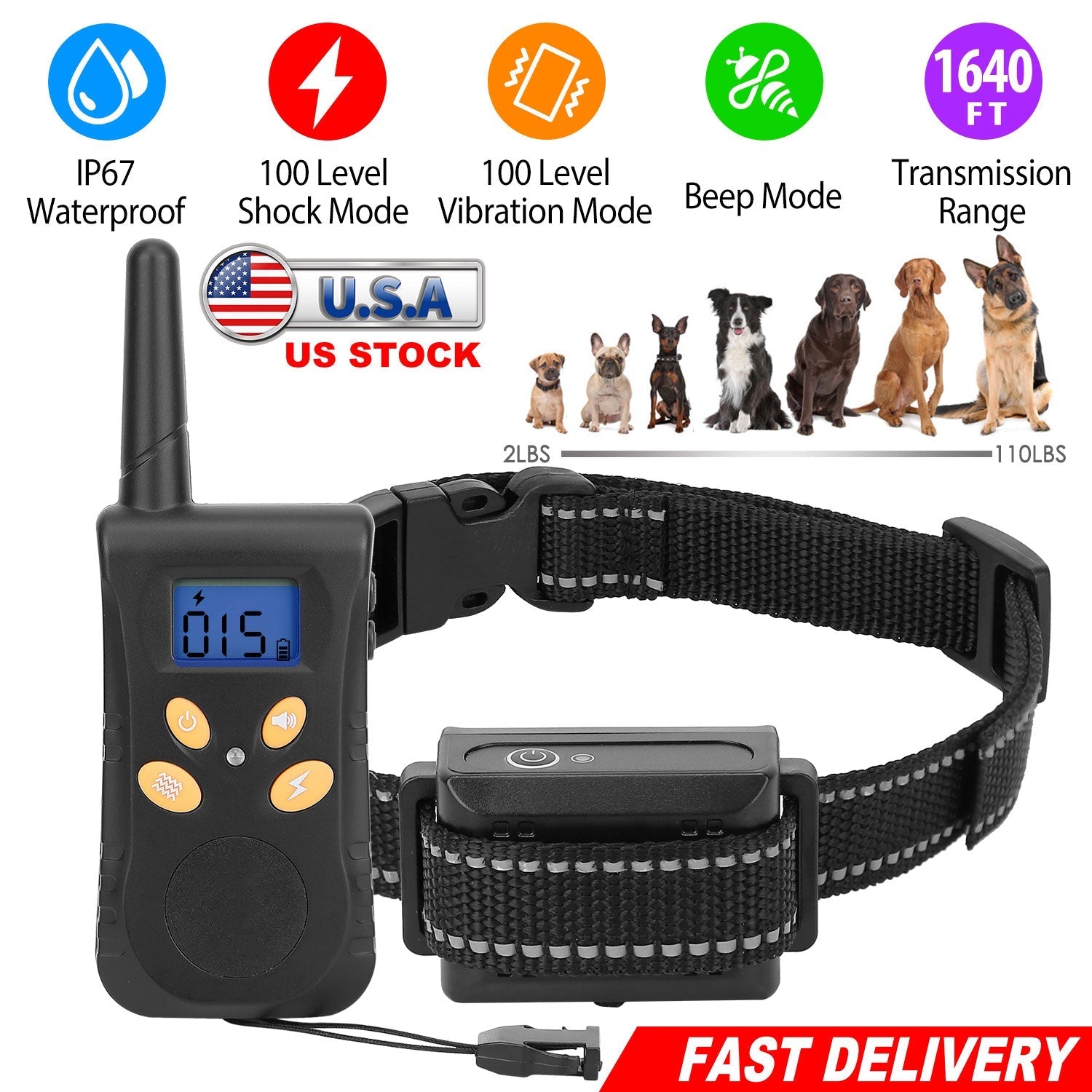 Dog Training Collar IPX7 Waterproof Pet Beep Vibration Electric Shock Collar Rechargeable Transmitter Receiver Trainer w/ Remote - Majestic Pet Kingdom