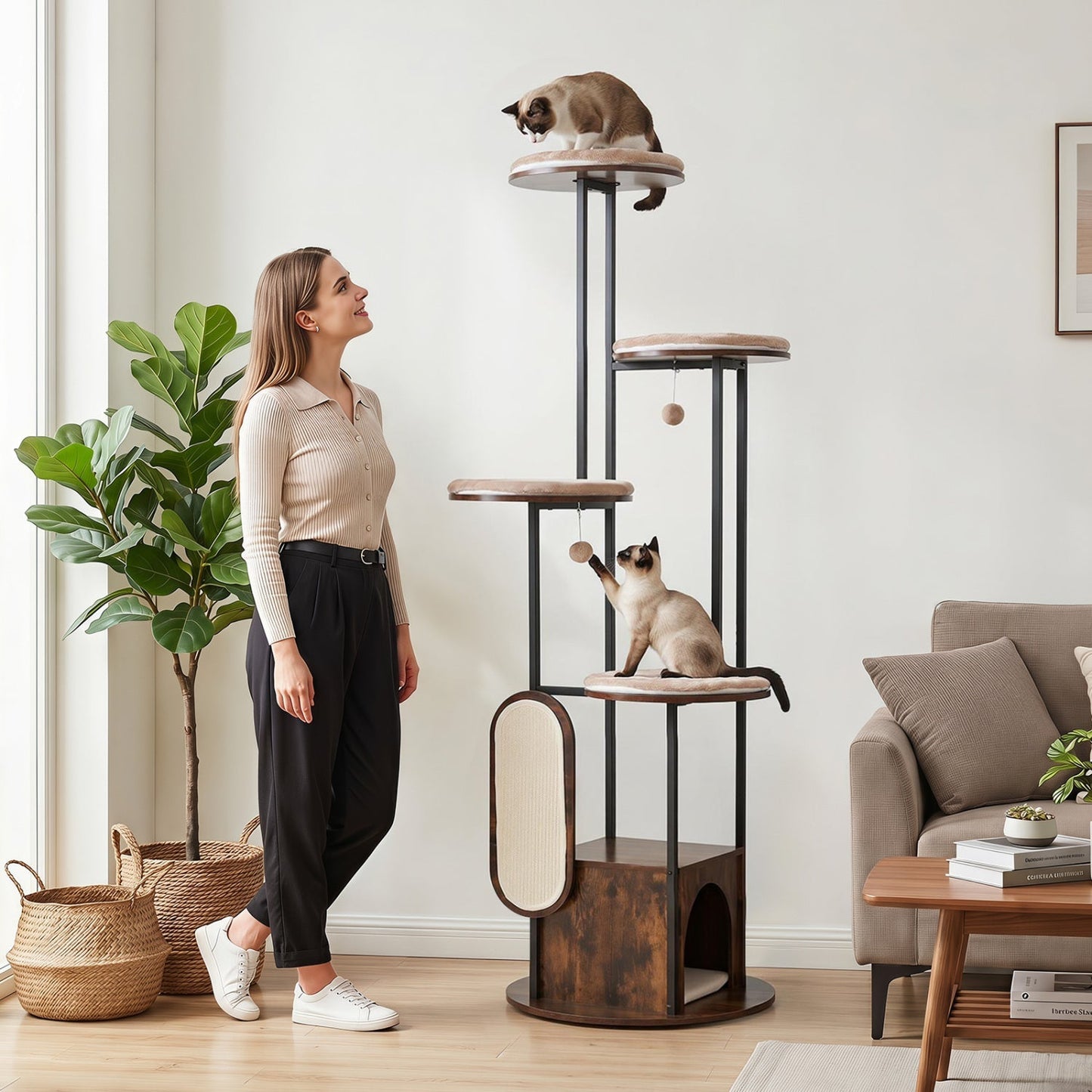 Cat Tree Tower 72-Inch Multi-Level Dual Condos Plush Perches - Detail Angle 2 | Majestic Pet Kingdom