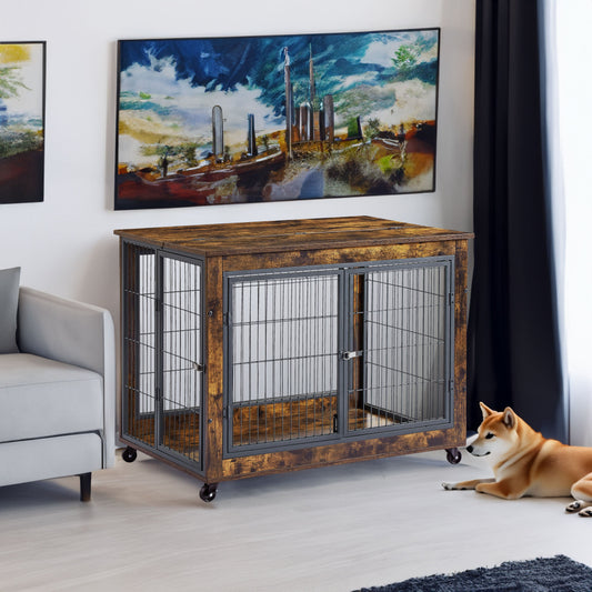 Furniture Dog Cage Crate with Double Doors, Rustic Brown, 38.58'' W x 25.2'' D x 27.17'' H | Purrfect Pet Kingdom