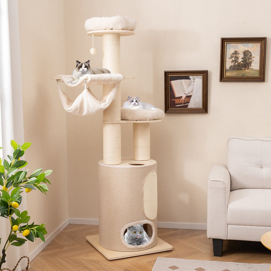 74 Inches Tall Wooden Cat Tower Tree with 2-Story Cat Condo and Washable Cushions-Natural | Purrfect Pet Kingdom