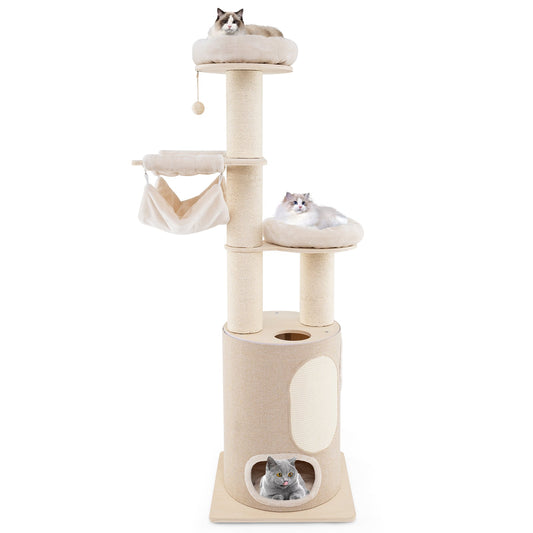 74 Inches Tall Wooden Cat Tower Tree with 2-Story Cat Condo and Washable Cushions-Natural | Purrfect Pet Kingdom