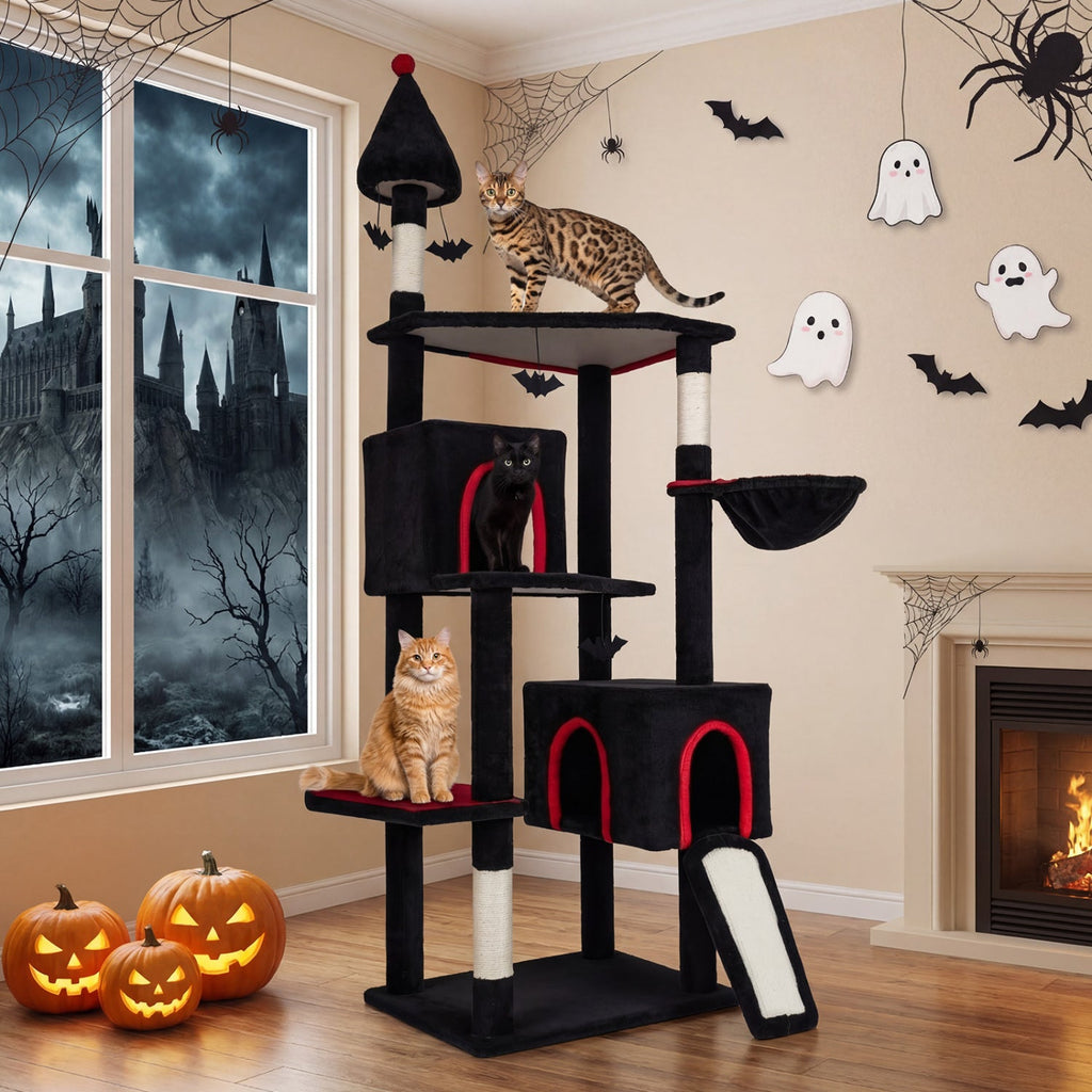 75 Inch Gothic Cat Tree with 2 Condos and Top Perch for Large Cats 20+ LBS - Majestic Pet Kingdom