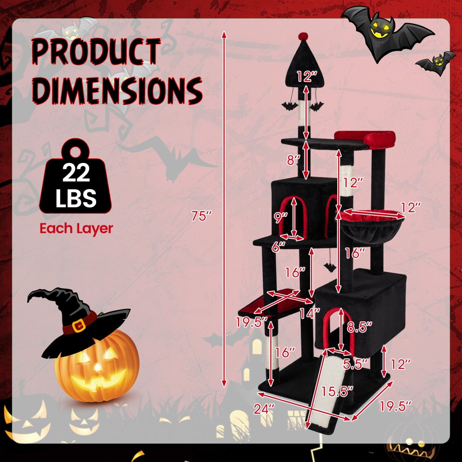 75 Inch Gothic Cat Tree with 2 Condos and Top Perch for Large Cats 20+ LBS - Majestic Pet Kingdom