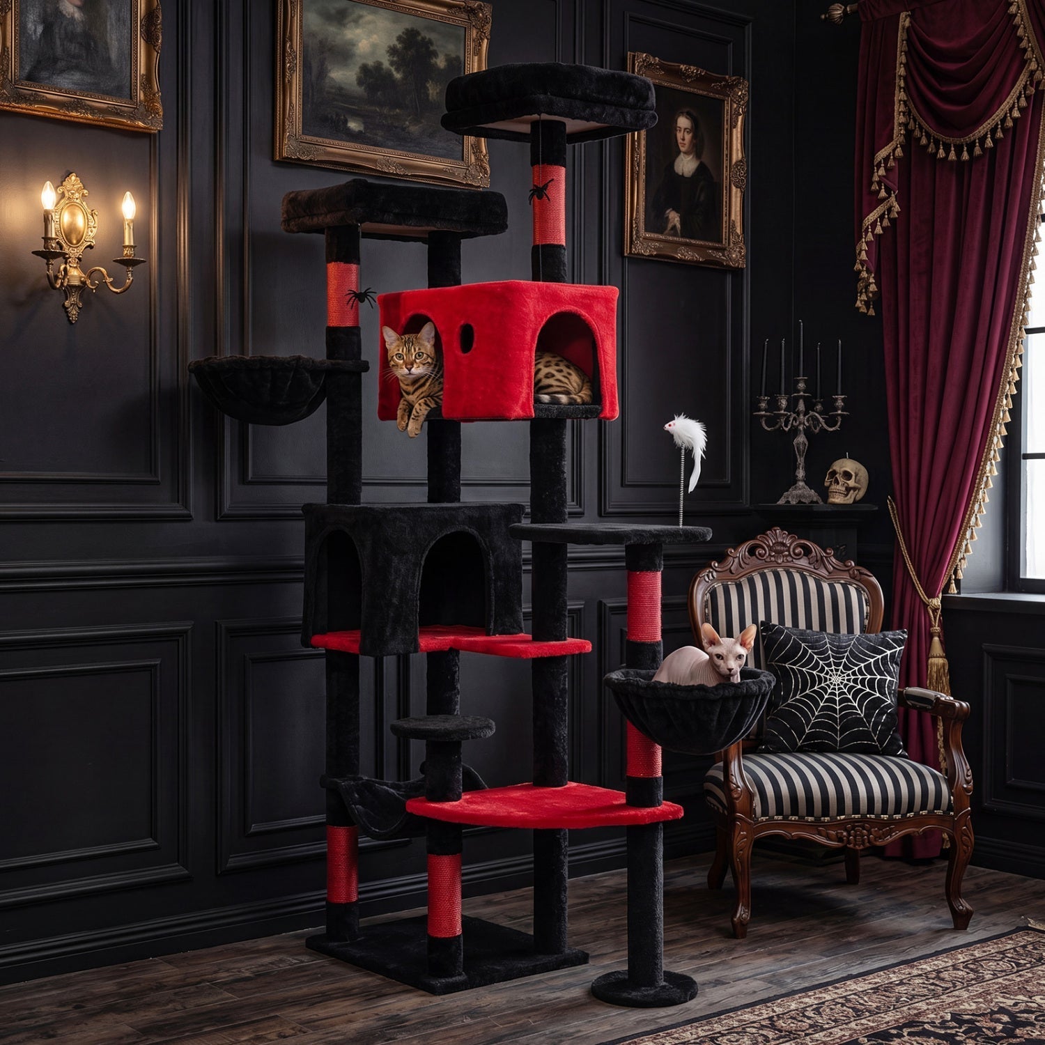 Gothic Cat Tree 75 Inch with Dual Perches and Houses - Majestic Pet Kingdom