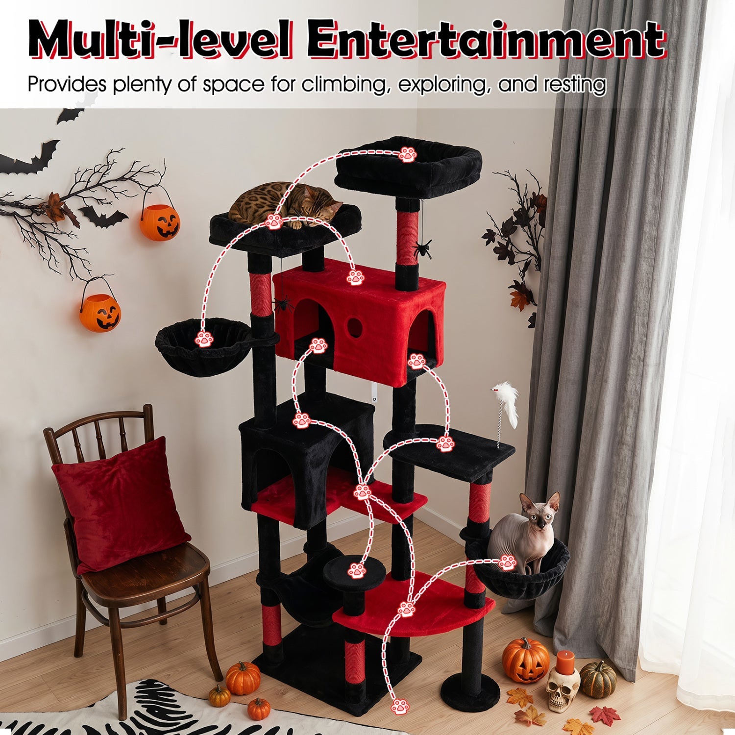 Gothic Cat Tree 75 Inch with Dual Perches and Houses - Majestic Pet Kingdom