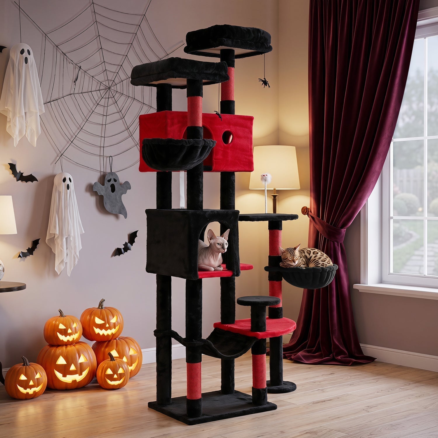 Gothic Cat Tree 75 Inch with Dual Perches and Houses - Majestic Pet Kingdom