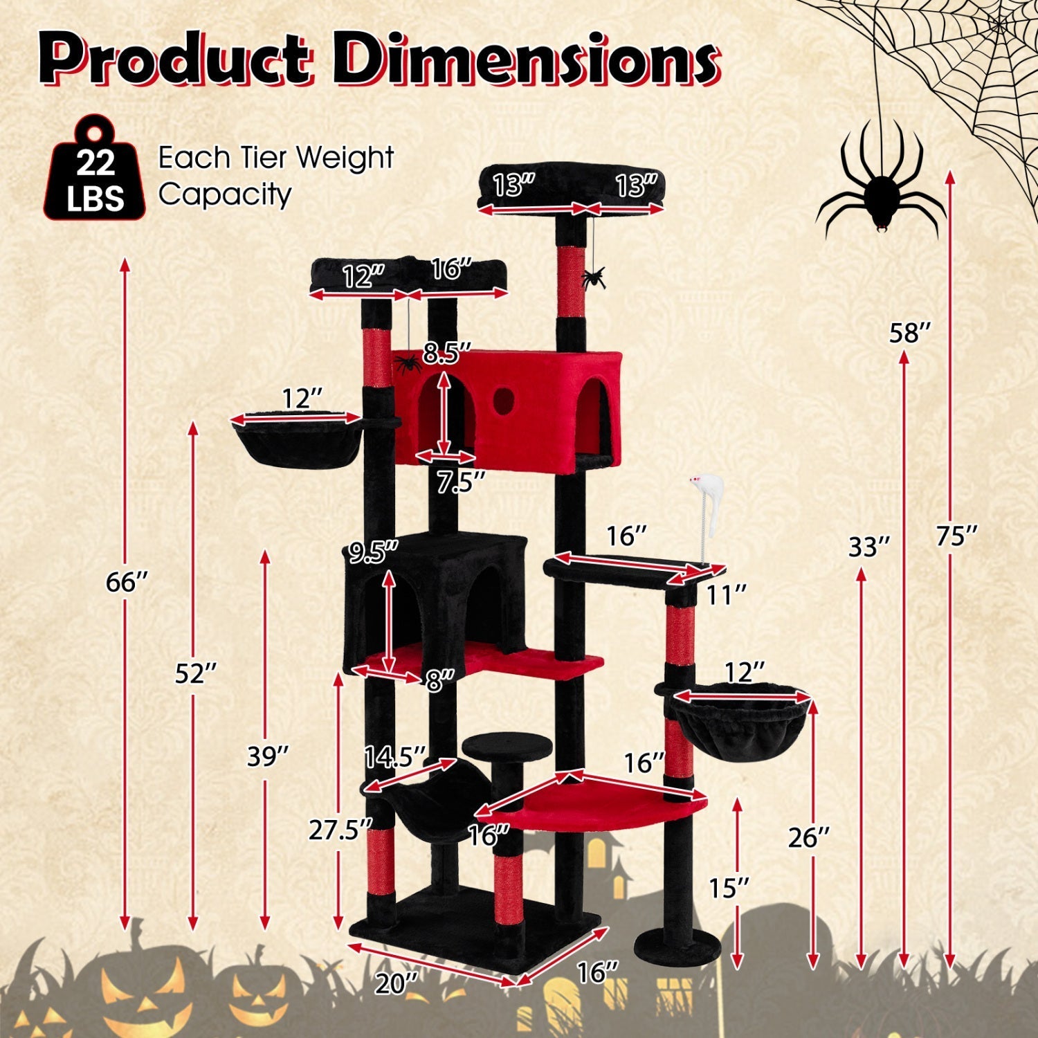 Gothic Cat Tree 75 Inch with Dual Perches and Houses - Majestic Pet Kingdom