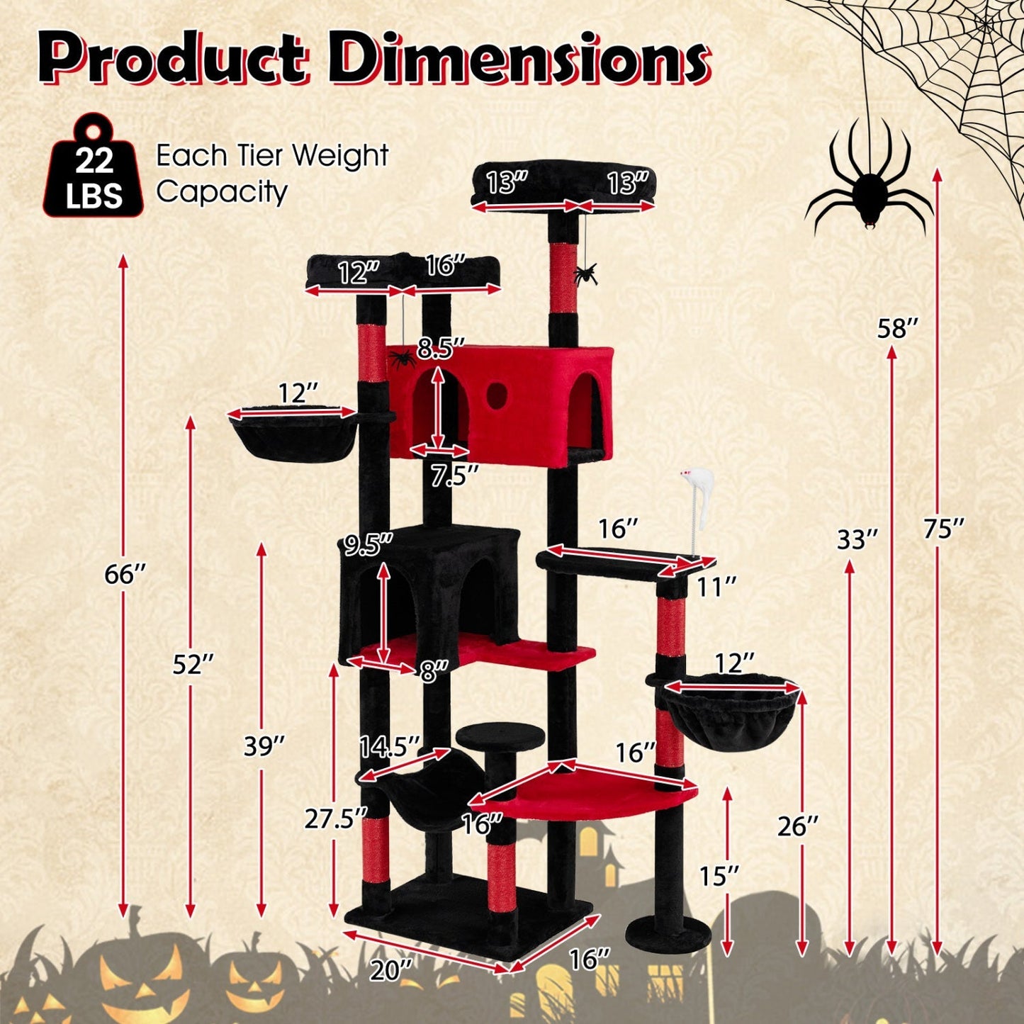 Cat Tree Gothic Tower 75-Inch Dual Perches Condos Castle - Detail Angle 5 | Majestic Pet Kingdom