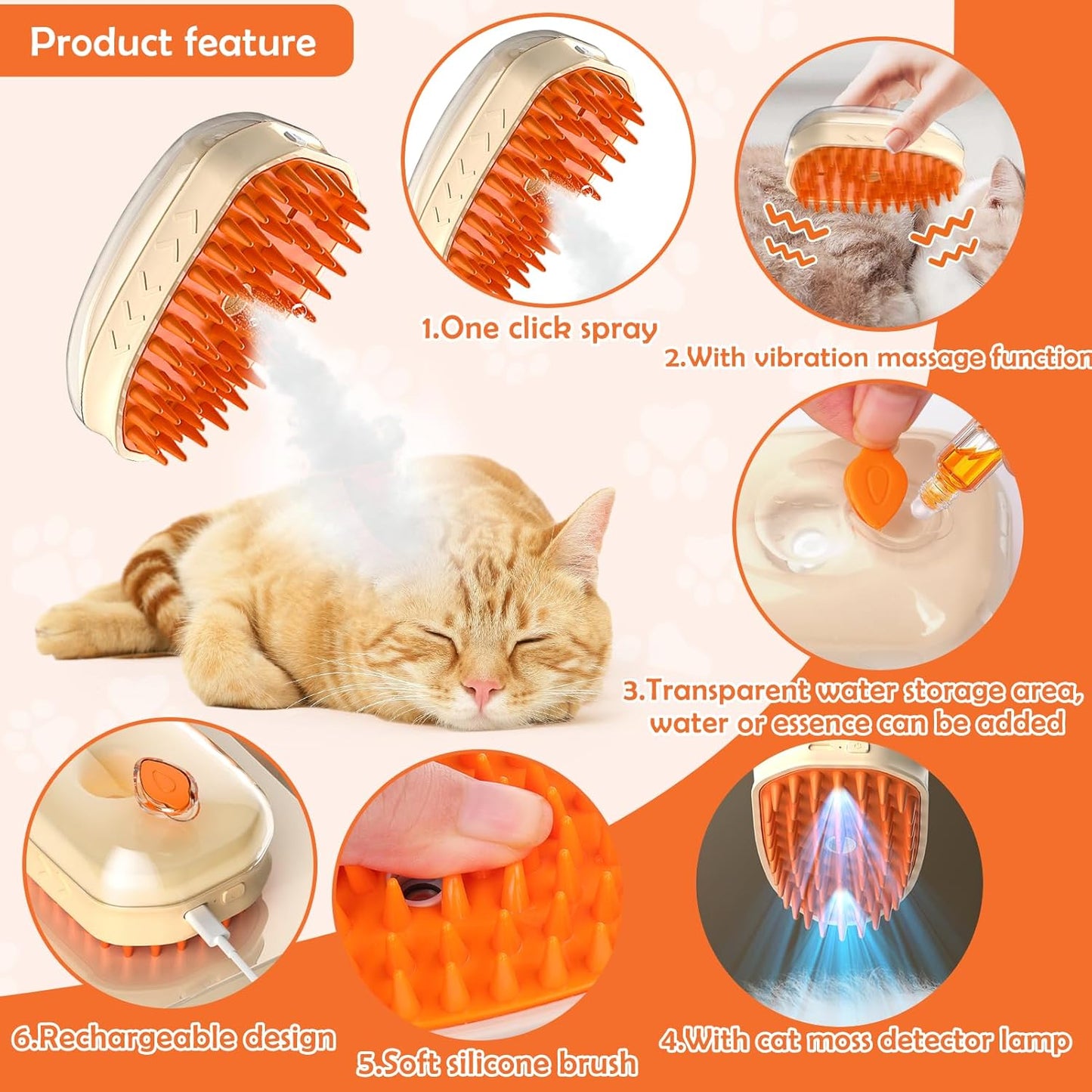 Cat Grooming Brush 4-in-1 Steamy Spray with UV Detector Comb - Detail Angle 6 | Majestic Pet Kingdom