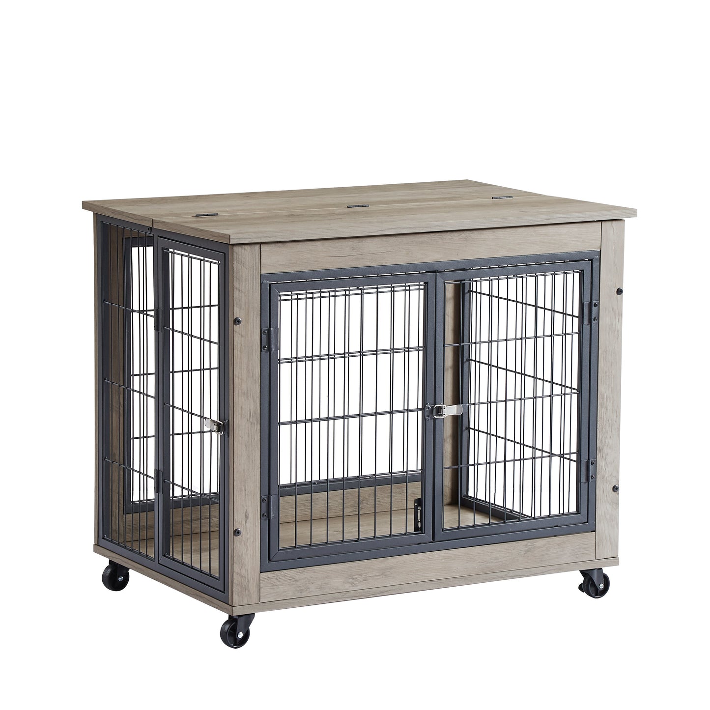 Dog Crate Furniture 31.5in Wooden Rolling Cage Double Door Gray - Detail Angle 4 | Majestic Pet Kingdom