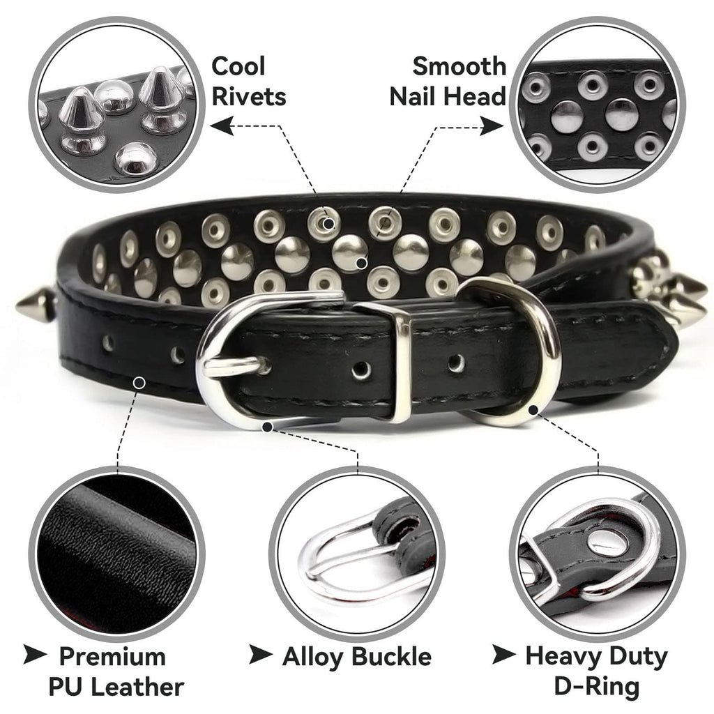 Small Spiked Black Dog Cat Collar For Small Medium Dogs Boy Male - Adjustable Studded Puppy Collars - Soft Padded Punk Leather Dog Collar For Chihuahua French Bulldog Pug - Majestic Pet Kingdom