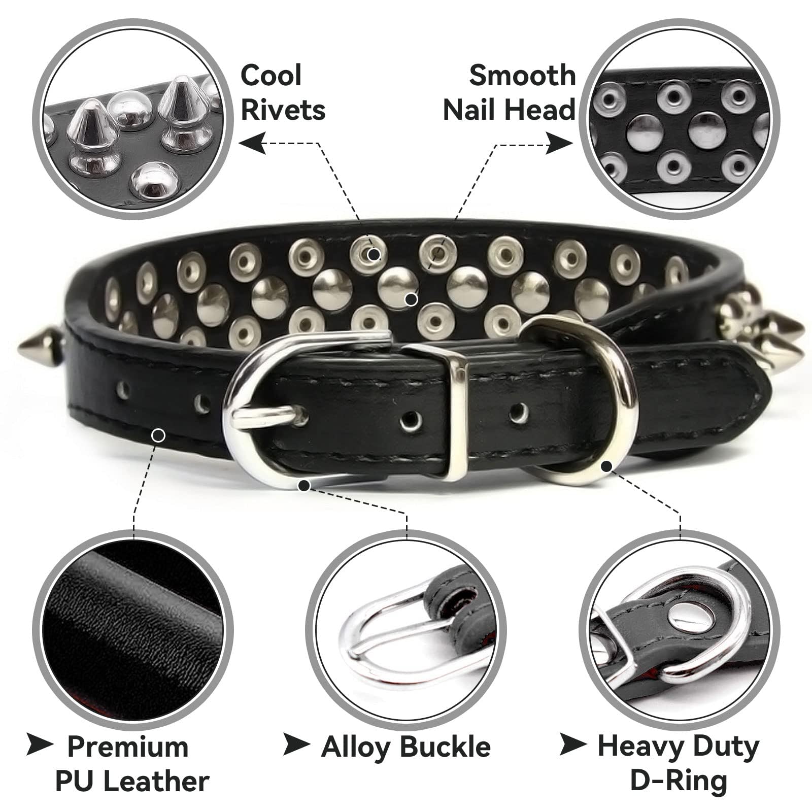 Small Spiked Black Dog Cat Collar For Small Medium Dogs Boy Male - Adjustable Studded Puppy Collars - Soft Padded Punk Leather Dog Collar For Chihuahua French Bulldog Pug - Majestic Pet Kingdom