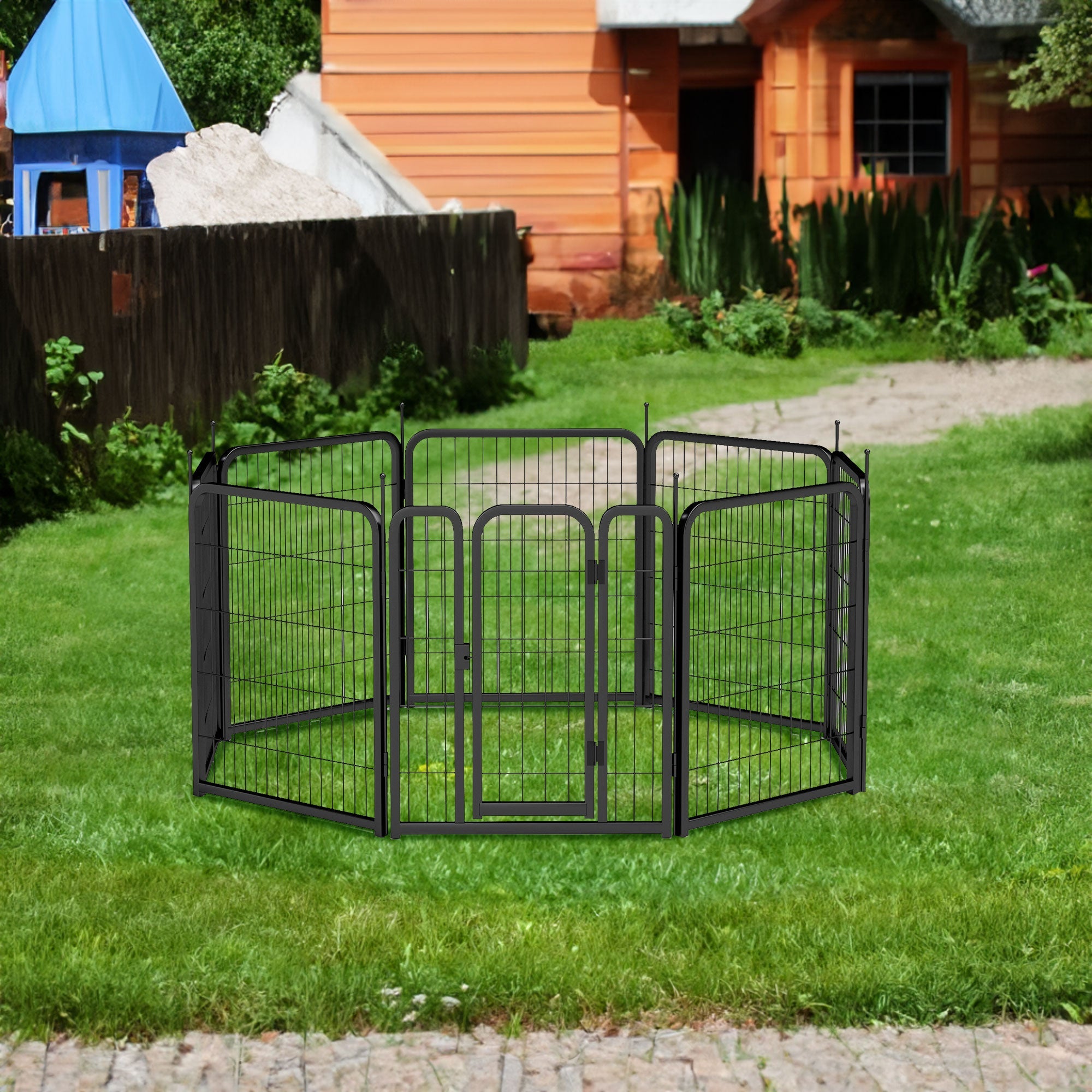 Outdoor dog fence, 8-piece board dog fence. 31 inch portable pet sports fence. Black, 26.3 inches wide x 31.5 inches high. - Majestic Pet Kingdom