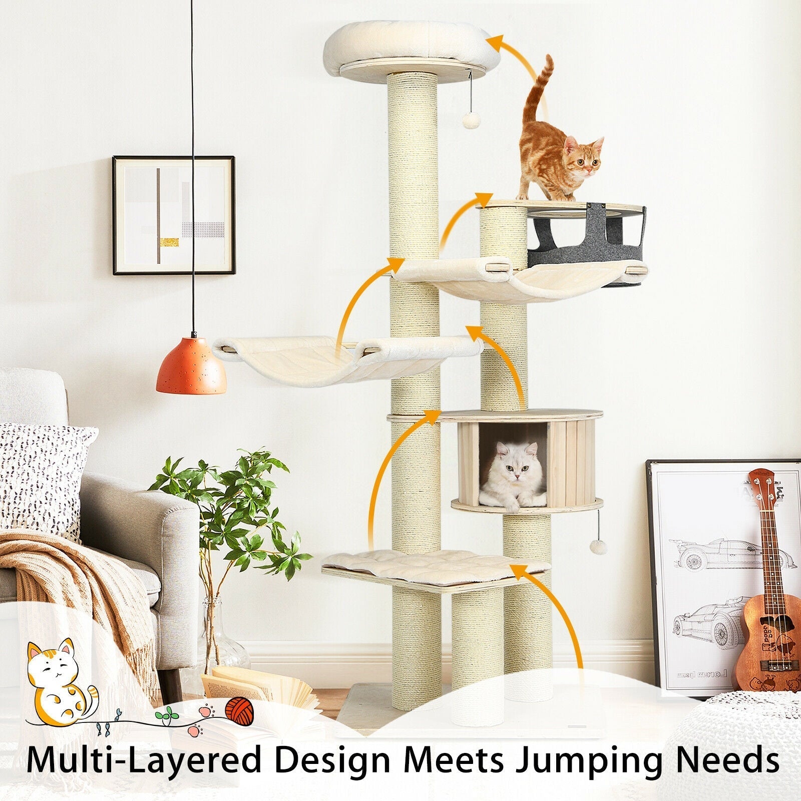 77.5-Inch Cat Tree Condo Multi-Level Kitten Activity Tower with Sisal Posts-Cream White - Majestic Pet Kingdom