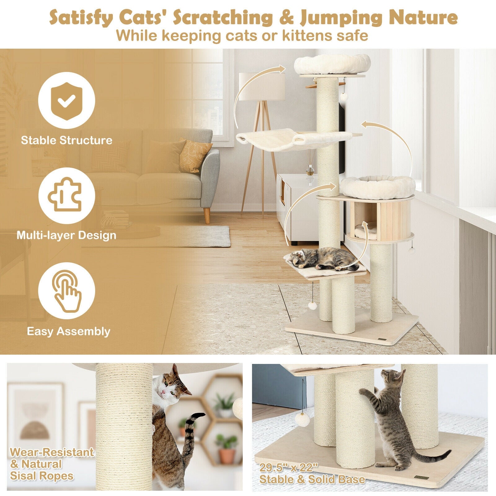 4-Layer 68.5-Inch Wooden Cat Tree Condo Activity Tower with Sisal Posts-Natural - Majestic Pet Kingdom